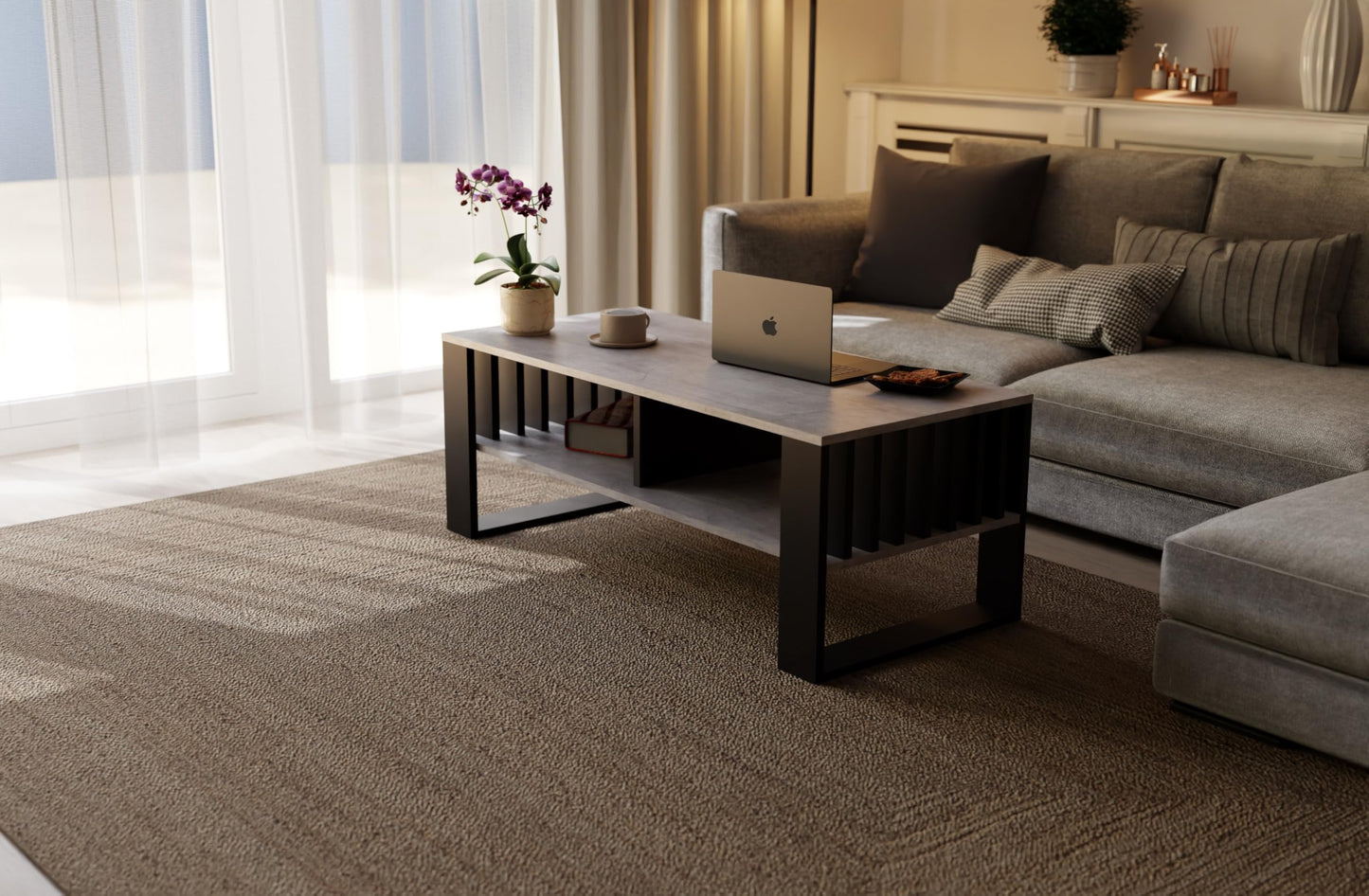 Meble Pitus Coffee Table White - Modern Living Room Table 90 x 50 x 50 cm with Storage Space & Slat Design