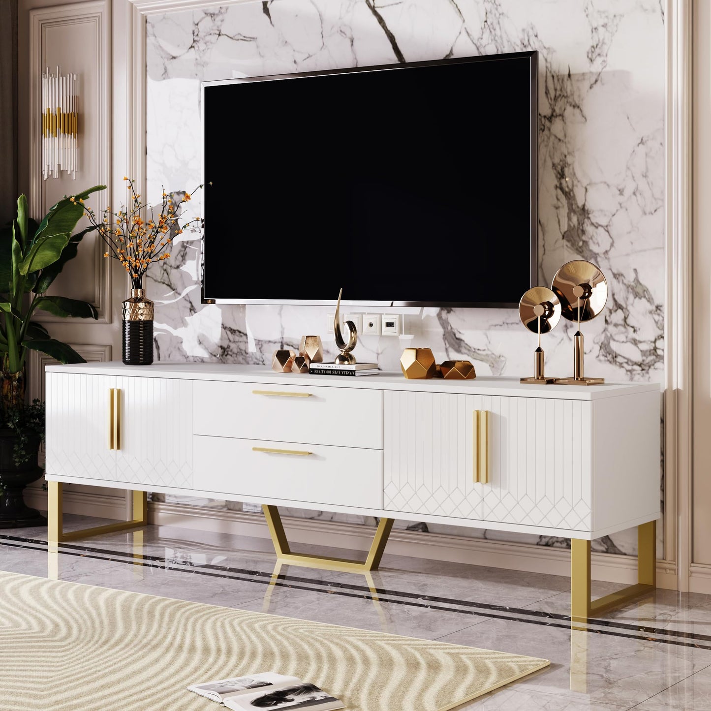 TV Cabinet Length 170 cm for TVs up to 75 Inches, Lowboard with Golden Handles and Feet, TV Cabinet with 4 Doors and 2 Drawers, Living Room Furniture TV Board, White