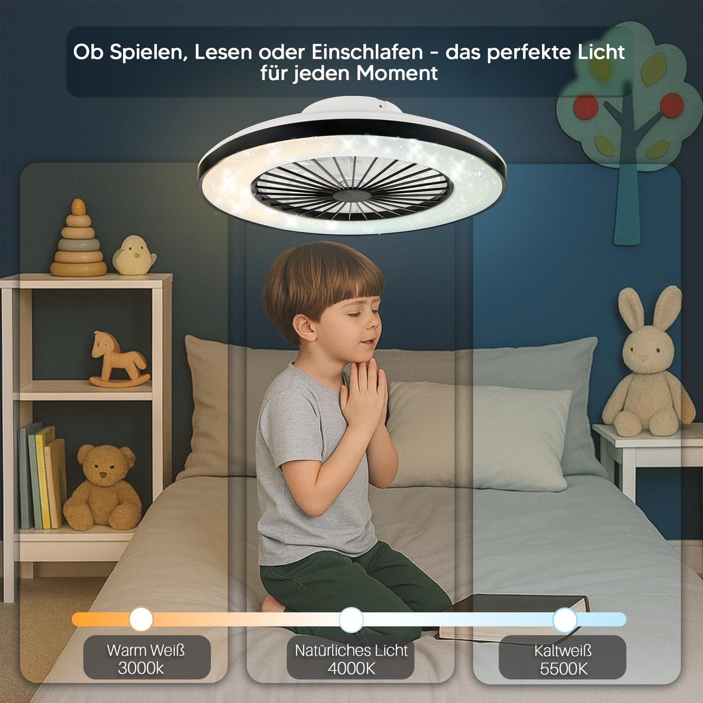 HSL LED Ceiling Light with Fan, Diameter 50 cm, Ceiling Fan with Lamp, Star Effect, Continuous Ventilation Speeds, Effortless Light Dimming, with Remote Control, 3000-5500 K, 4300 Lm, Air Conditioner