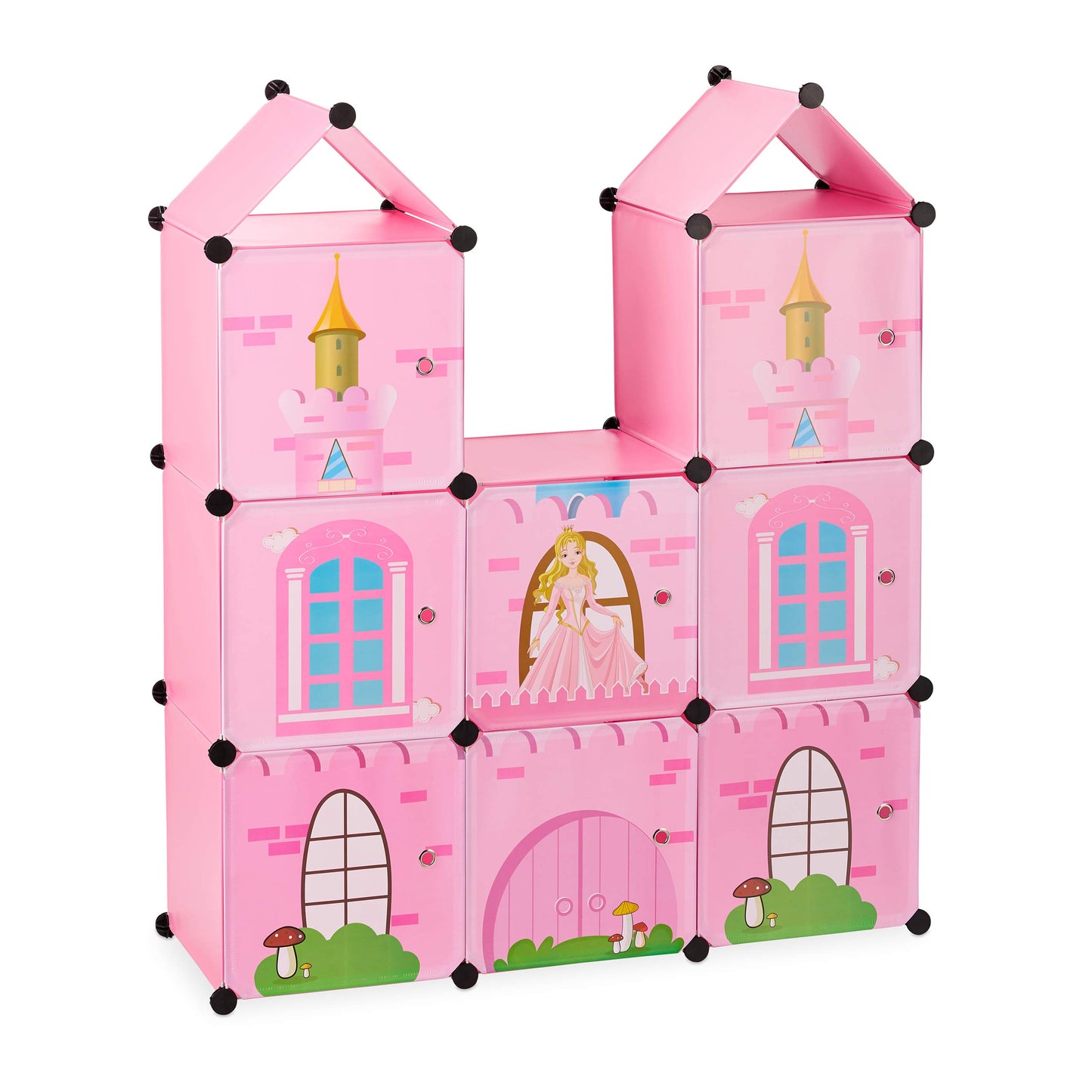 Relaxdays Boltless Shelving Unit for Children's Room, Princess Castle, Plastic, DIY Cabinet with Doors, H x D: 128 x 110 x 37 cm, Pink
