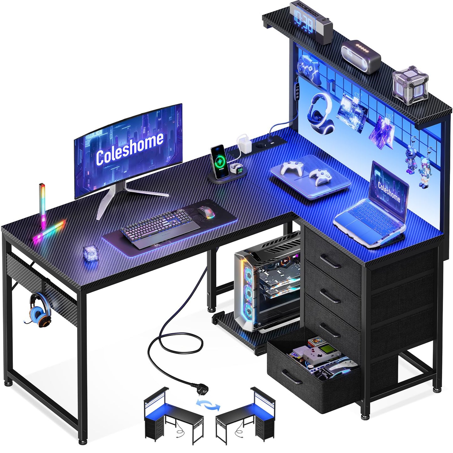 Coleshome Gaming Table with LED, 110 × 80 cm, Reversible Gaming Desk with Drawers & Sockets, Corner Desk with Storage Compartment & Storage Space, Black