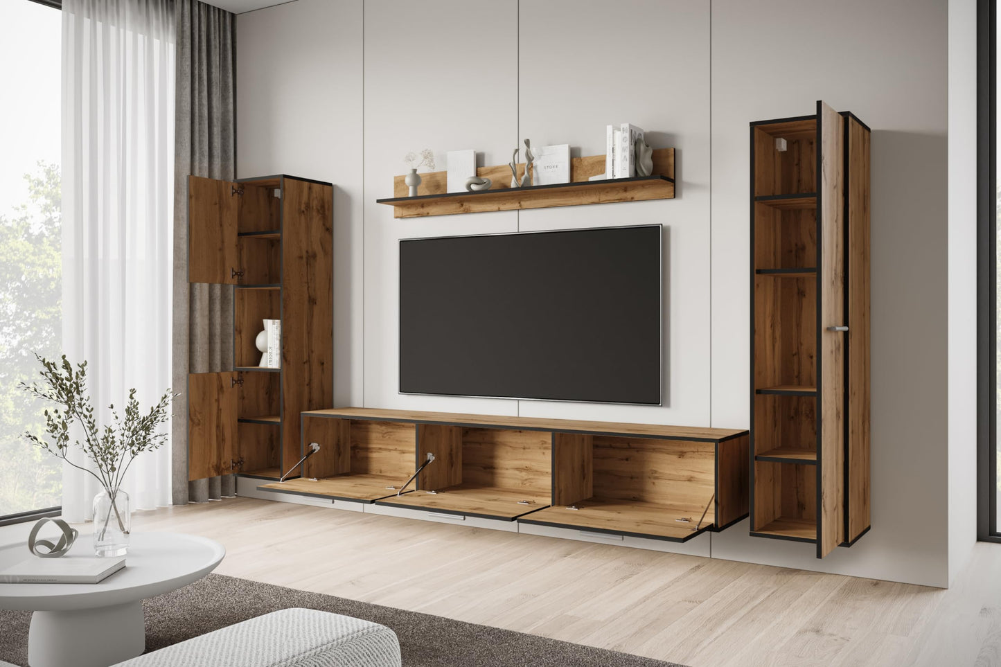 MINIO go for it - Living Room Wall Unit 4-Piece Toga, Living Room Furniture Set, 1 x TV Lowboard, 2 x Tall Cabinet, 1 x Wall Board, Living Room Furniture Complete, Living Room Set - Colour Wotan Oak