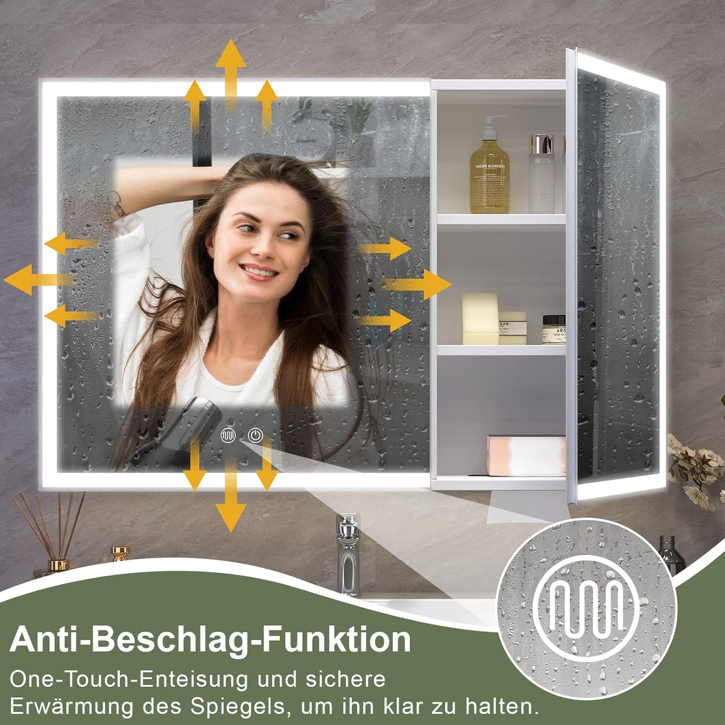 Aovquof Mirror Cabinet with Lighting - 90 x 60 cm Bathroom Mirror Cabinet with Storage Space, Bathroom Mirror Cabinet with Adjustable Dimmable LED Lights with Demist Function, Modern Cream Colour