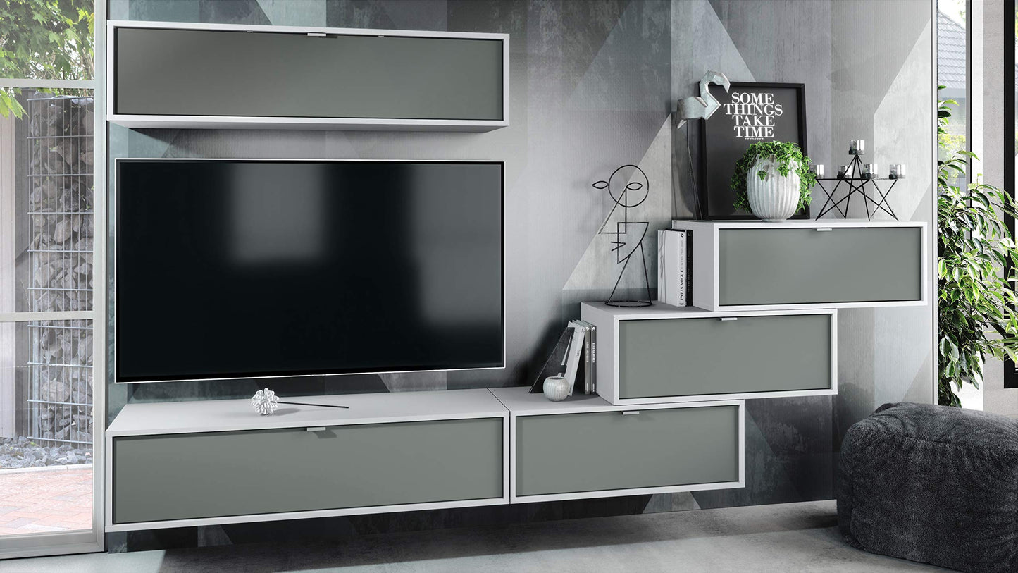 Vladon Lana V1 Wall Unit Made of 5 Hanging Elements with 12 Compartments, Made in Germany, Body in Matte White, Fronts in Bordeaux High Gloss, Large Choice of Colours
