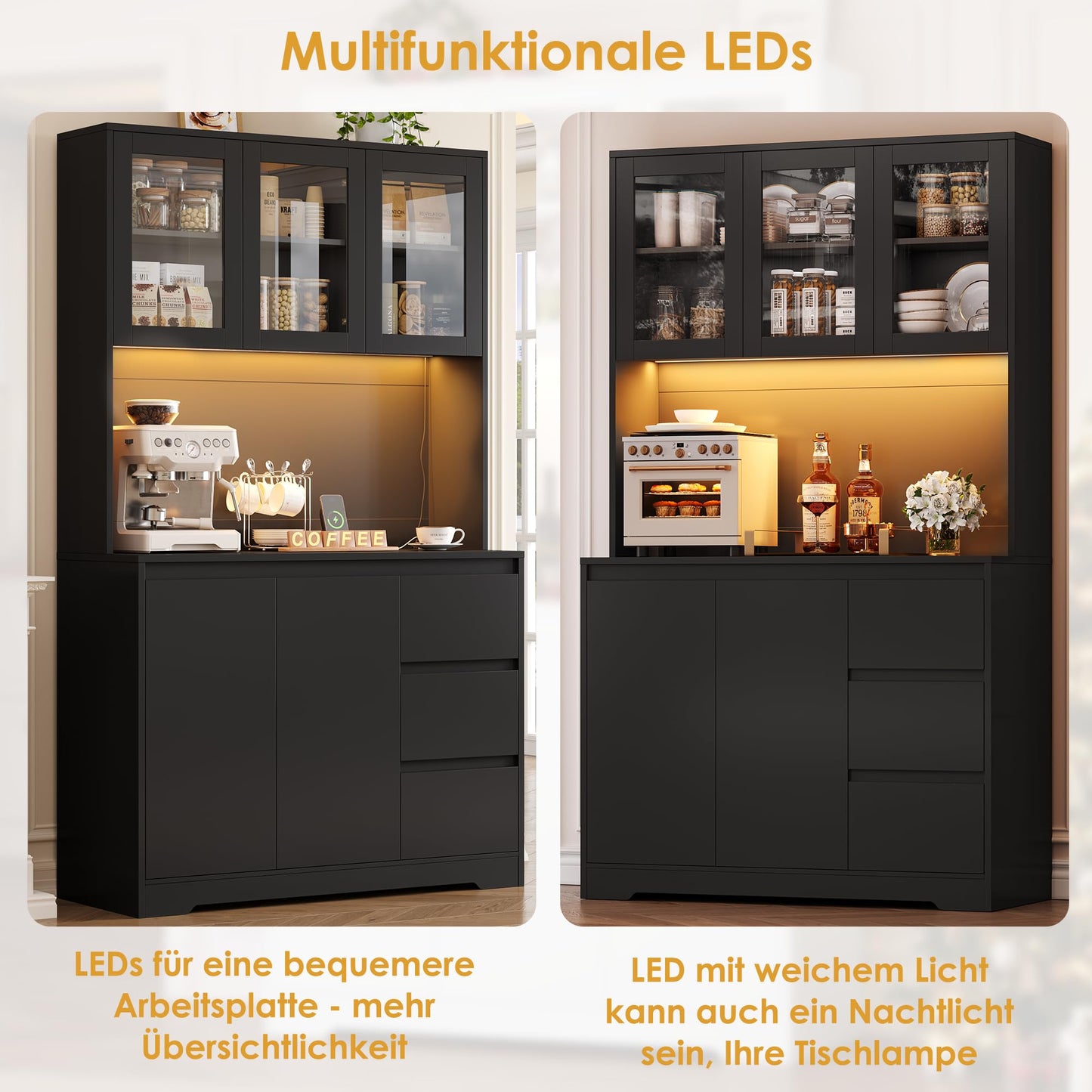 FirFurd Kitchen Cabinet Buffet Cabinet with LED Sideboard for Kitchen with Power Strip Kitchen Cabinet with Worktop and 3 Drawers Kitchen Buffet with Adjustable Shelf 180 x 100 x 38.5 cm (Black)