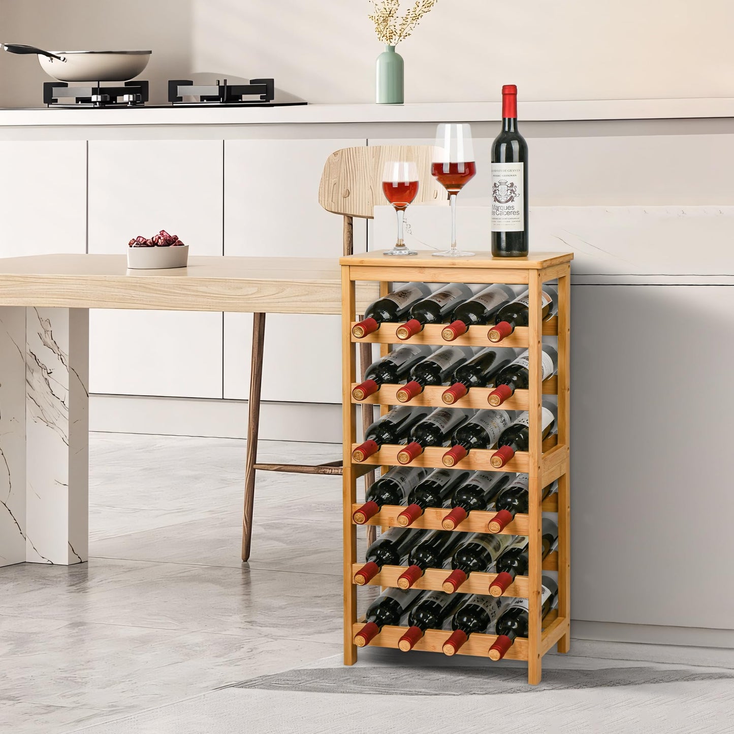 VASMIA Bamboo Wine Rack for 24 Bottles, Bottle Rack with 6 Levels for Cellar, Kitchen, Bar, Dining Room, Bottle Holder Wood with Table Top 41 x 24 x 81 cm, Natural