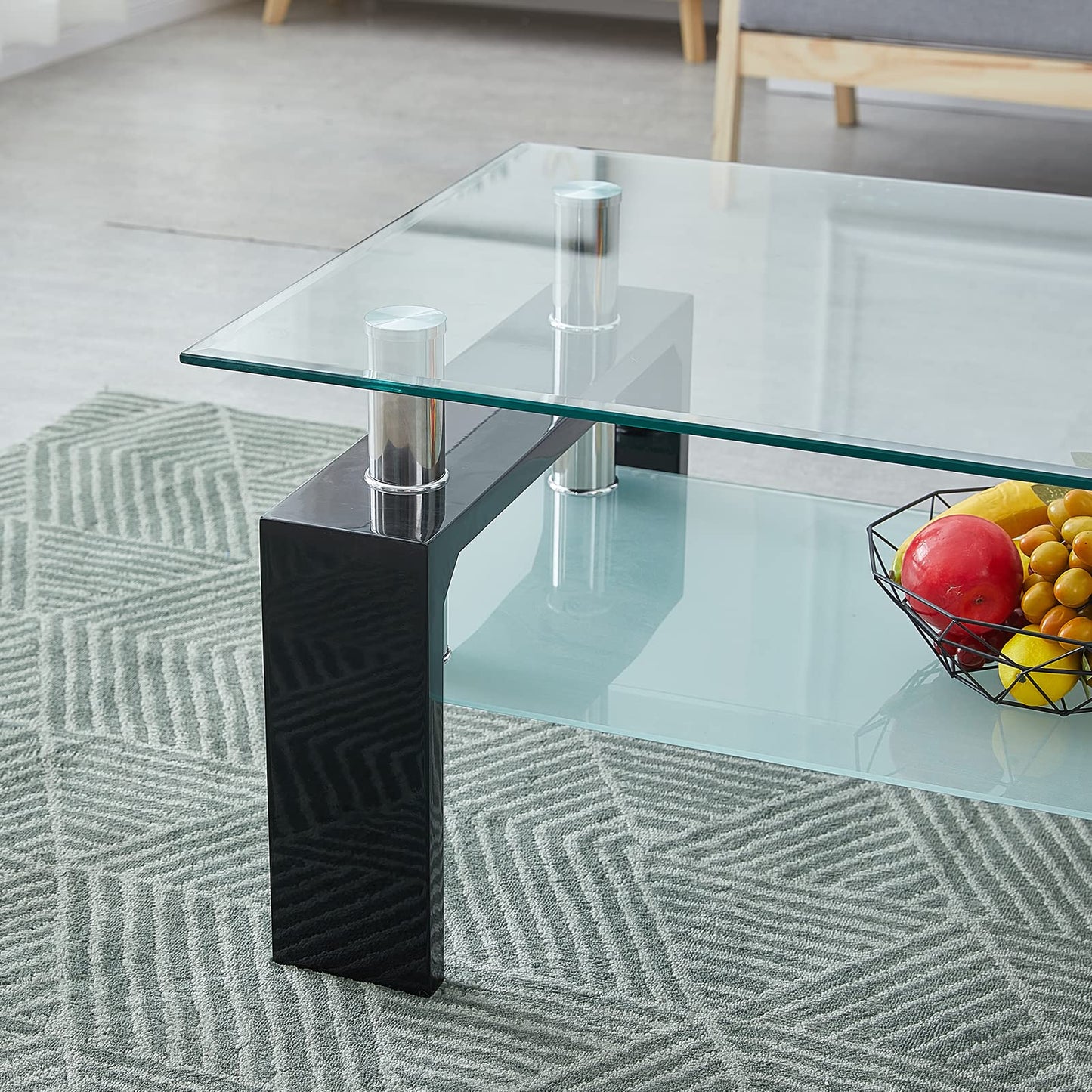CLIPOP Rectangular Coffee Table Made of Tempered Glass, Living Room Table, Modern Sofa Table with Storage Space, Coffee Table, Glass Table with Lower Shelf for Living Room, Balcony, Bedroom, 100 x 60