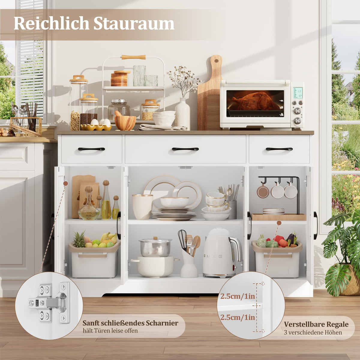 HOCSOK Sideboard, 140 cm Wide Kitchen Cabinet with 2 Adjustable Shelves, Buffet Cabinet with 3 Drawers 4 Doors, Kitchen Buffet for Living Room, Kitchen, Hallway, White & Brown