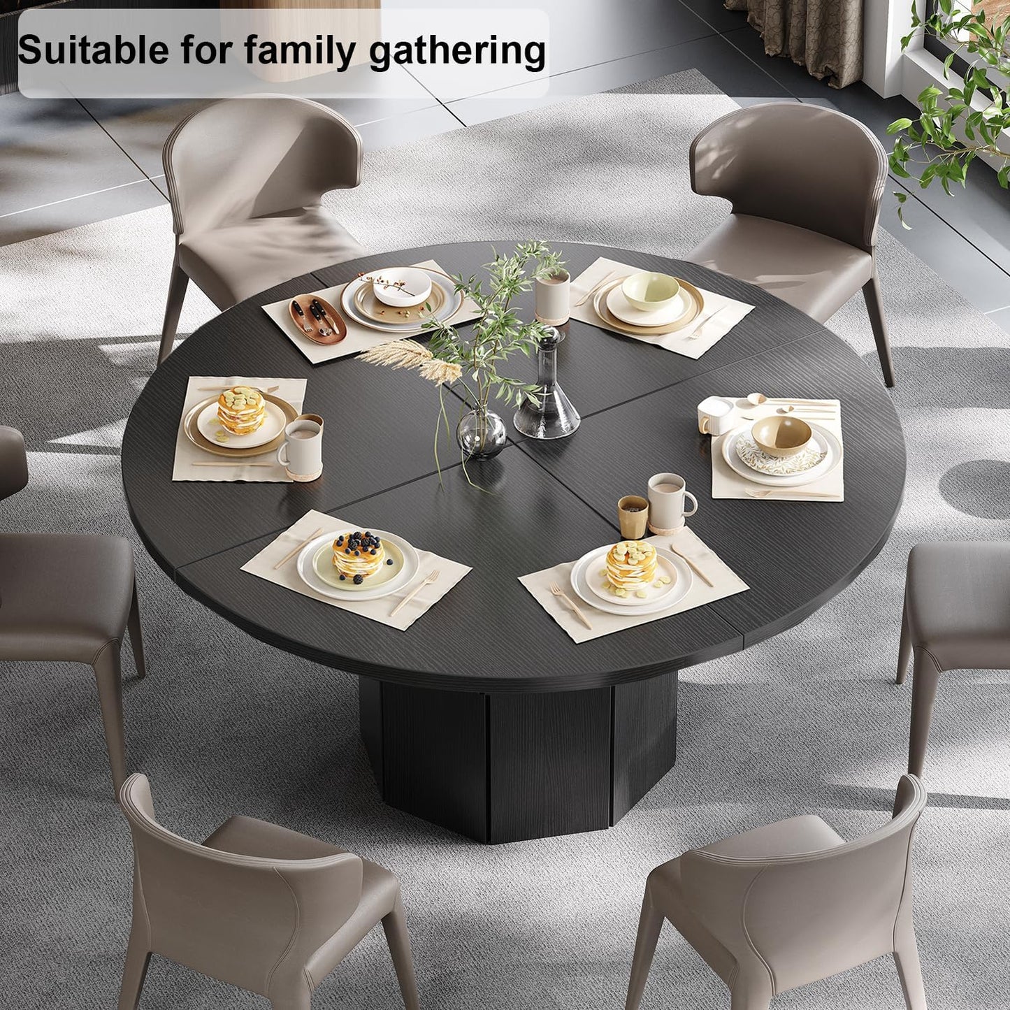 HSH Round Dining Table, White Kitchen Table for 4 to 6 People, Wooden Dining Room Table with Marble Look, Modern Design Table with Octagonal Base for Dining Room, White, 120 cm