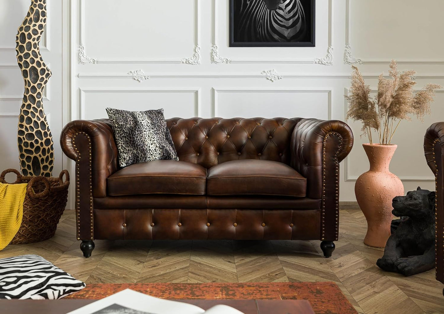 MASSIVMOEBEL24.DE Chesterfield #103 3-Seater Sofa Real Leather 218 x 82 x 76 cm Brown