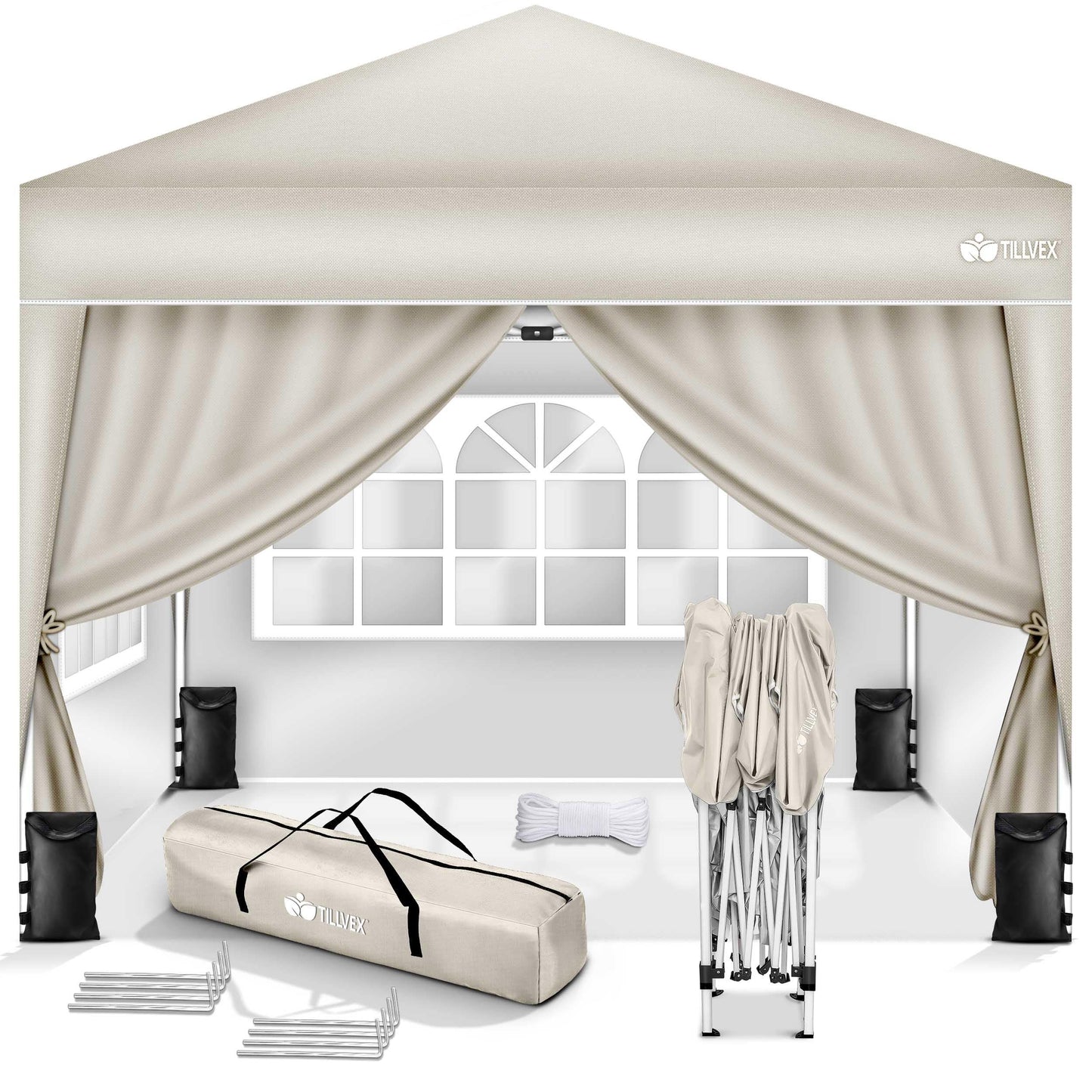 tillvex Gazebo 3 x 3 m Waterproof with 4 Side Panels + Set of 4 Sandbags Pop-Up Folding Gazebo Stable & Height Adjustable Garden Tent UV Protection 50+ Party Tent with Bag for Garden, Grey