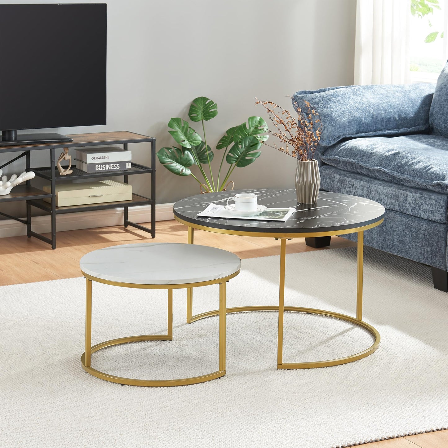 [en.casa] Christchurch Coffee Table, Set of 3, Round Sofa Table, Side Table with Metal Frame, Coffee Table, Marble Look, White/Gold
