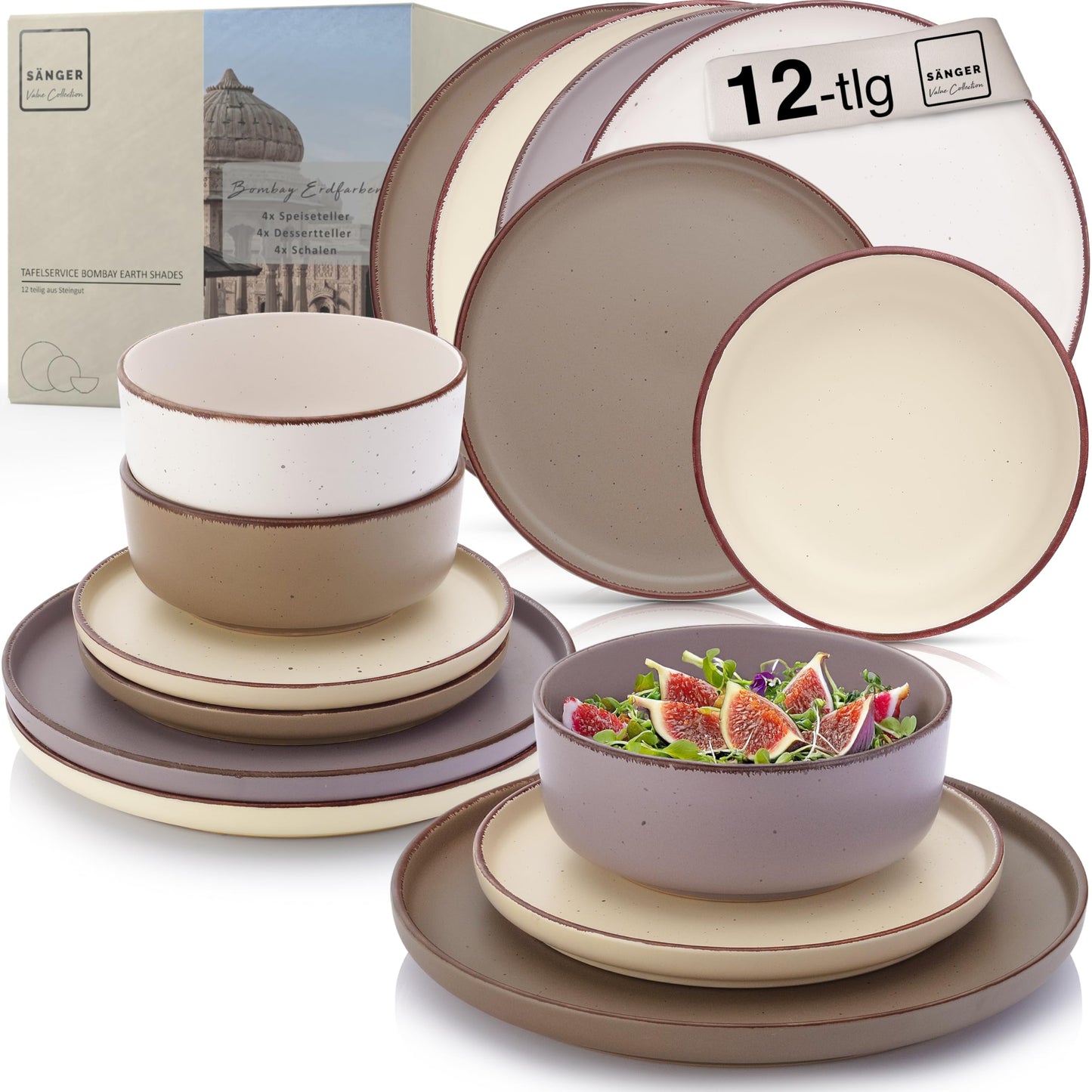 SÄNGER Bombay Seabed Crockery Service 20 Pieces, Stoneware Crockery for 4 People, 4 x Dinner Plates, 4 x Dessert Plates, 4 x Bowls, 4 x Pasta Plates, 4 x Coffee Mugs, Plate Set Colourful Value