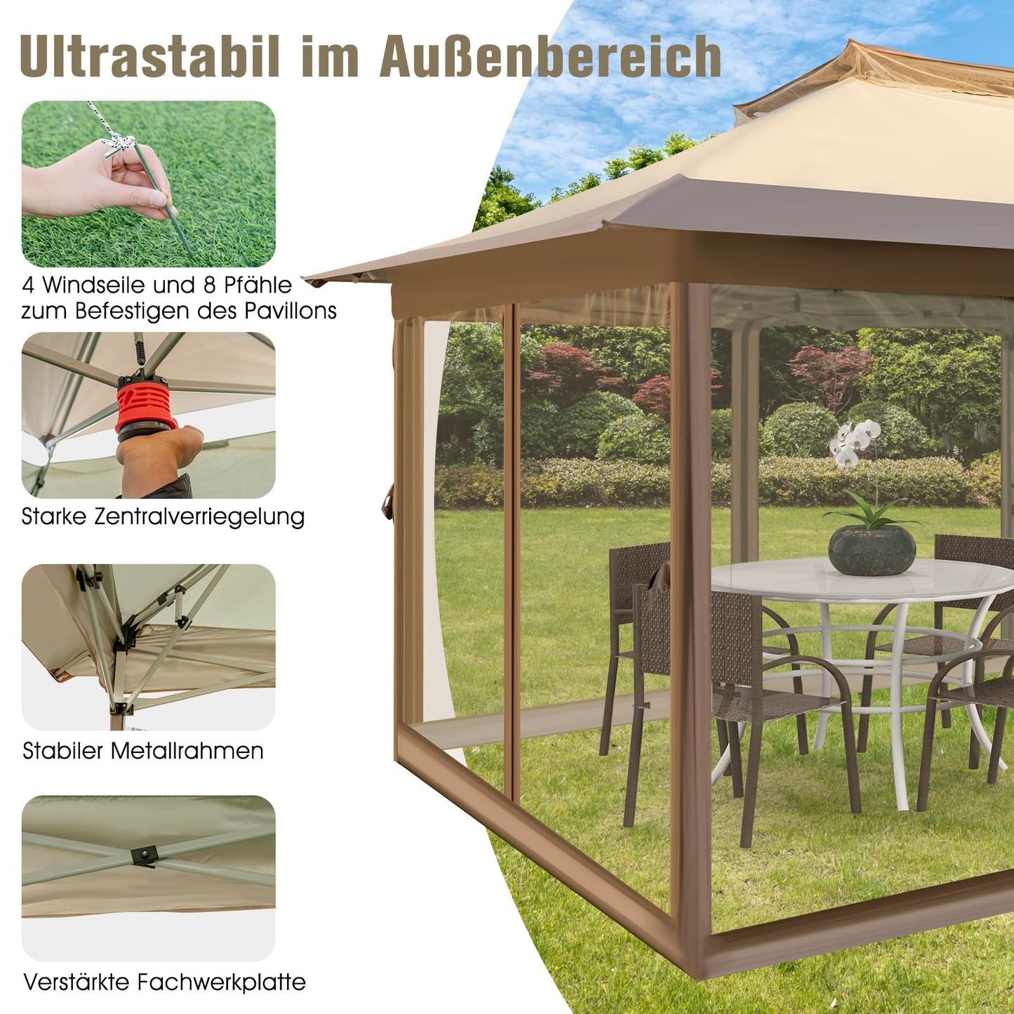 COSTWAY Folding Gazebo 4 x 4 m, Pop Up Gazebo with Wheels and Carry Bag, Waterproof, UV Protection 50+, Party Tent, Garden Gazebo for Garden, Party, Wedding and Festival