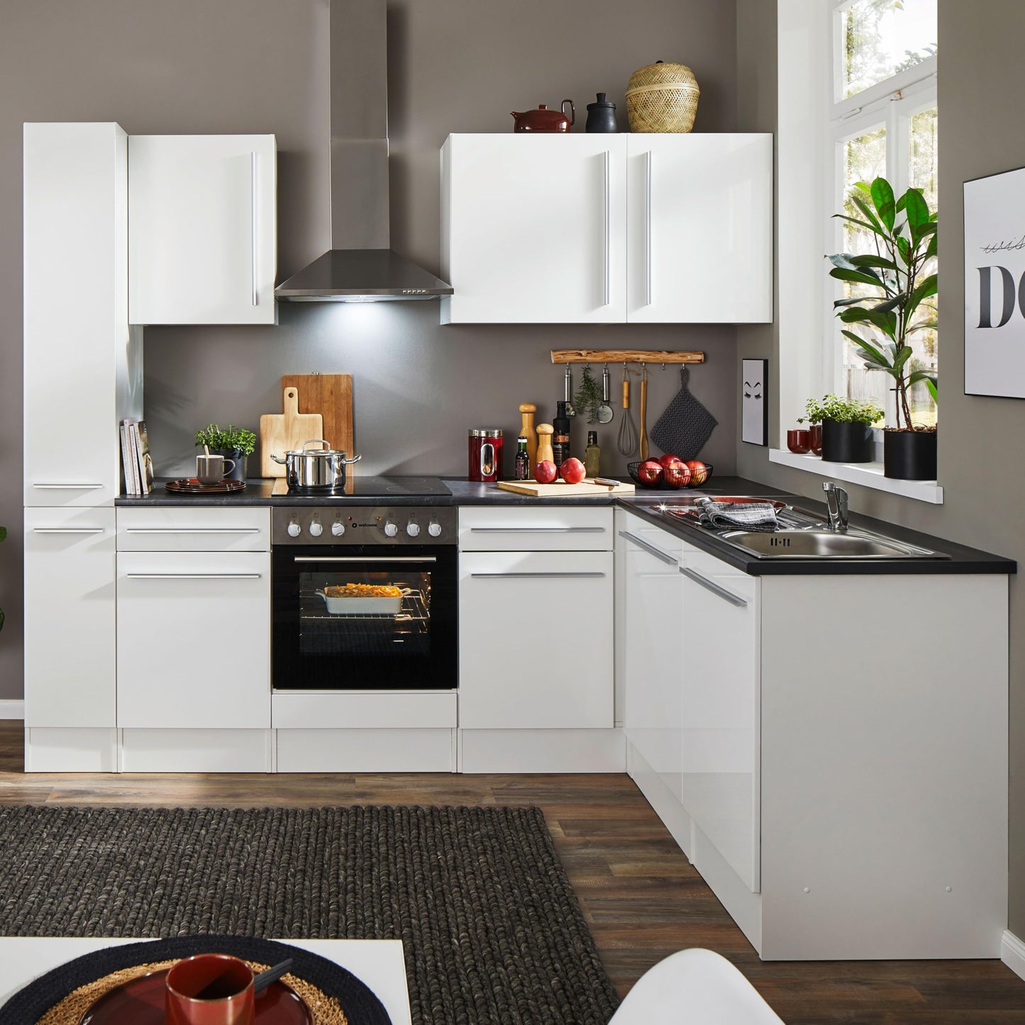 Jazz 8 Modern Corner Kitchen without Electrical Appliances in White High Gloss, Metallic Grey - Spacious Kitchen Unit in L-Shaped with Lots of Storage Space - 220 x 211 x 60 cm (W x H x D)