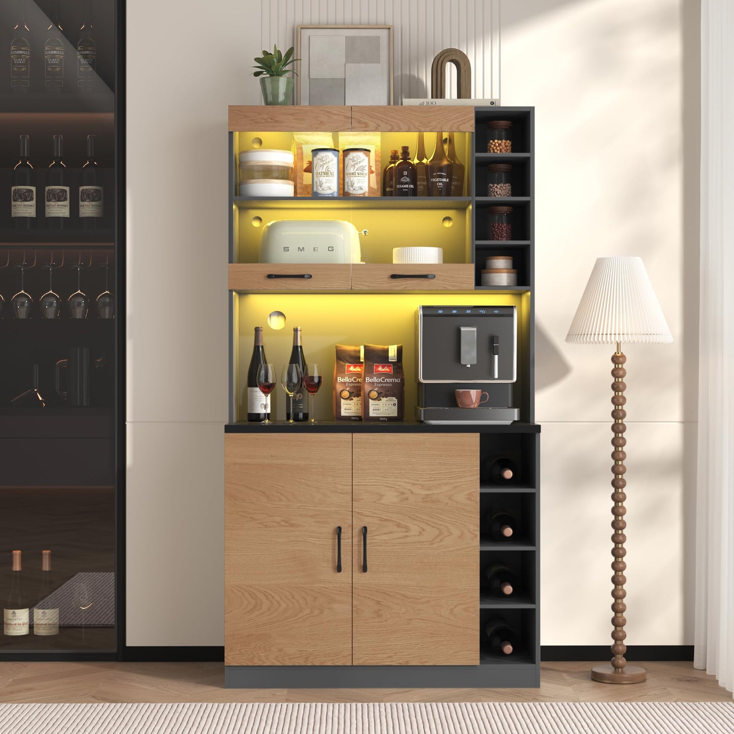 Merax Kitchen Cabinet with Worktop, Sideboard 120 Wide, Buffet Cabinet with Adjustable Shelves & Wine Rack, Tall Cabinet Kitchen Buffet with 4 Doors and 2 Drawers, Black, 120 x 40 x 188 cm
