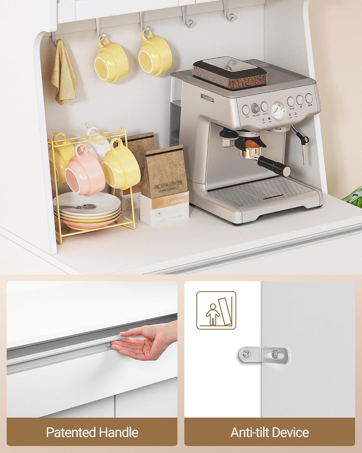 Hzuaneri PT40003X Kitchen Cabinets, Buffet Cabinet, Tall Cabinet with Worktop and 4 Storage Compartments, Adjustable Shelves, Suitable for Kitchen or Living Room, 40 × 75 × 180 cm, Hemp White