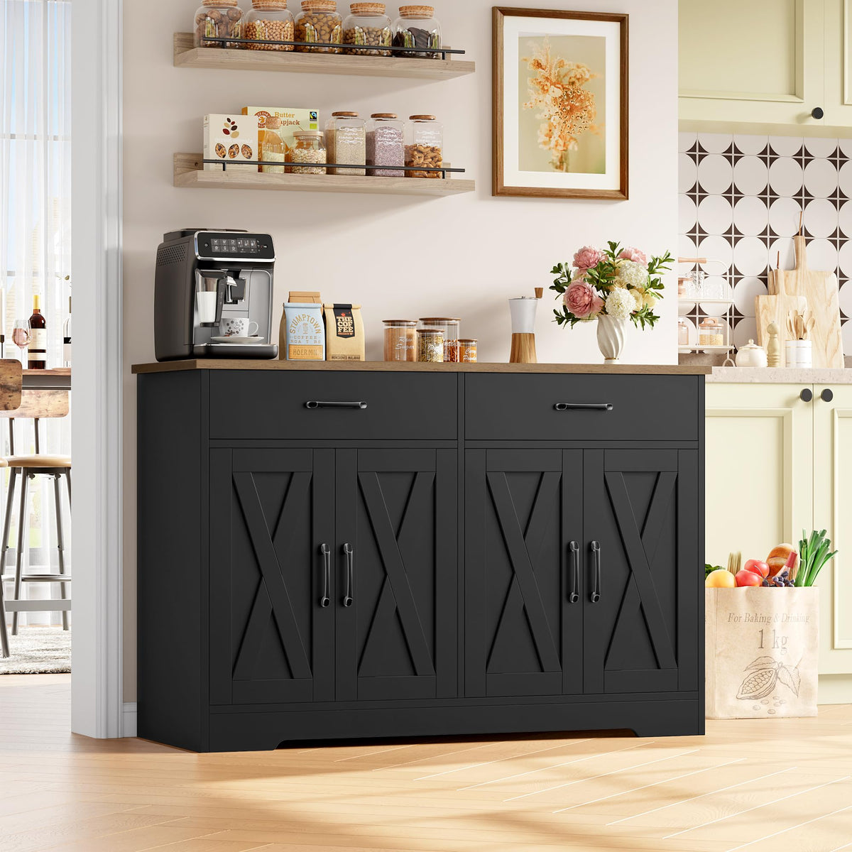 HOCSOK Sideboard, 120 cm Wide Kitchen Cabinet with Worktops, Kitchen Buffet Storage Cabinet with 2 Drawers and 4 Doors, Living Room, Kitchen, Hallway, White & Brown