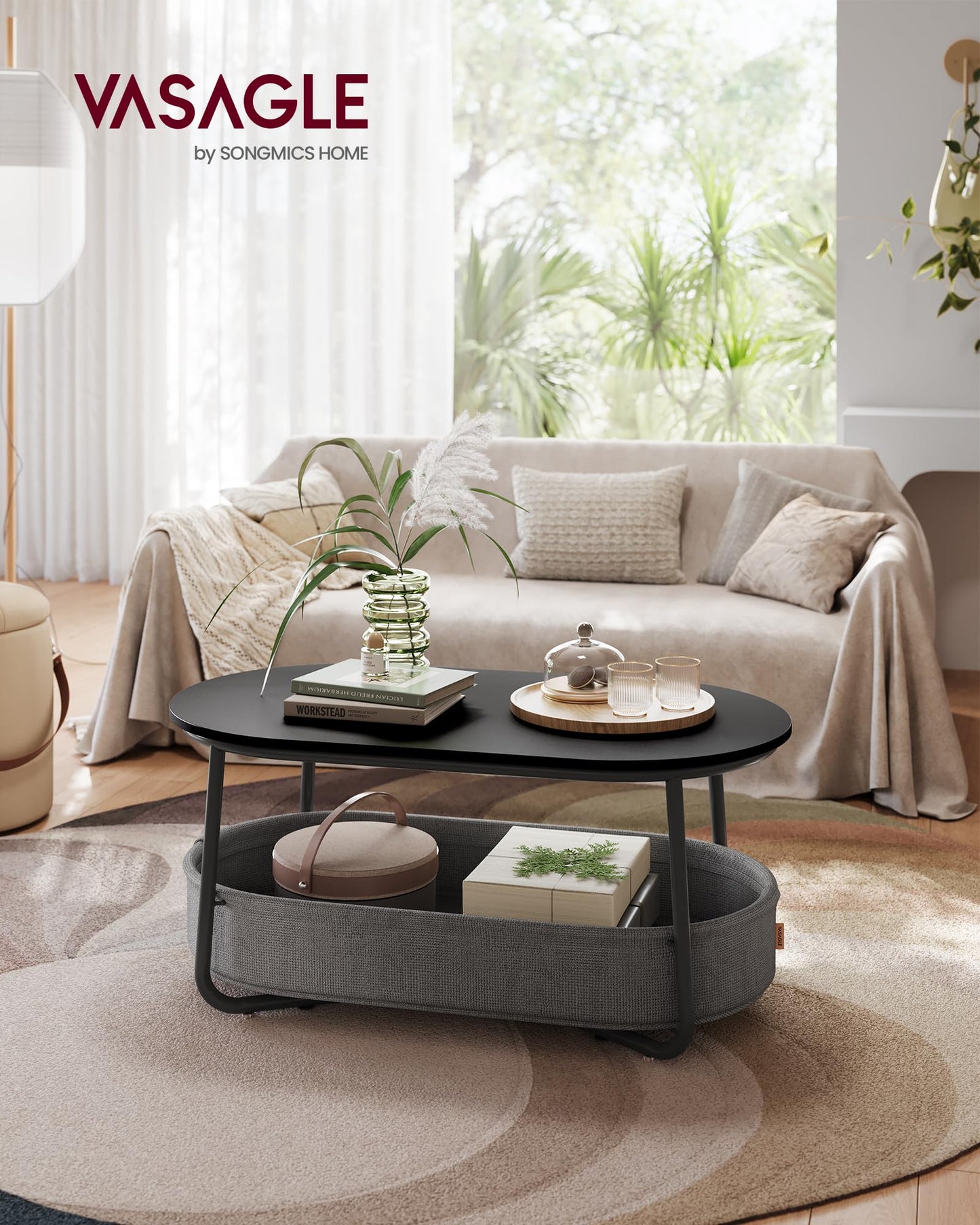 VASAGLE LCT244W10 Round Coffee Table with Storage Space Side Table Living Room Table with Fabric Basket Modern Metal Frame Matt White Camel Brown