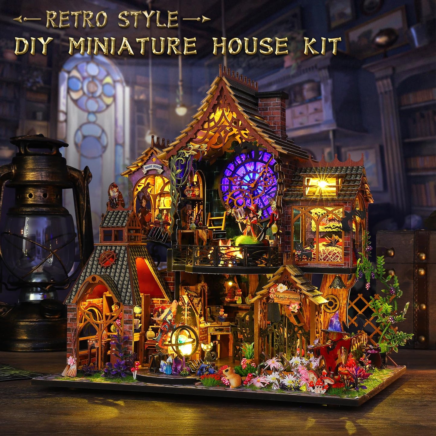 Mostop DIY Miniature Dollhouse Kit,Wooden Dollhouse Construction Kit,Miniature House Kit with LED Light und Bewegungen,Creative Room Idea for Children/Adults,Magic House,DIY Kits (Twilight Book City)