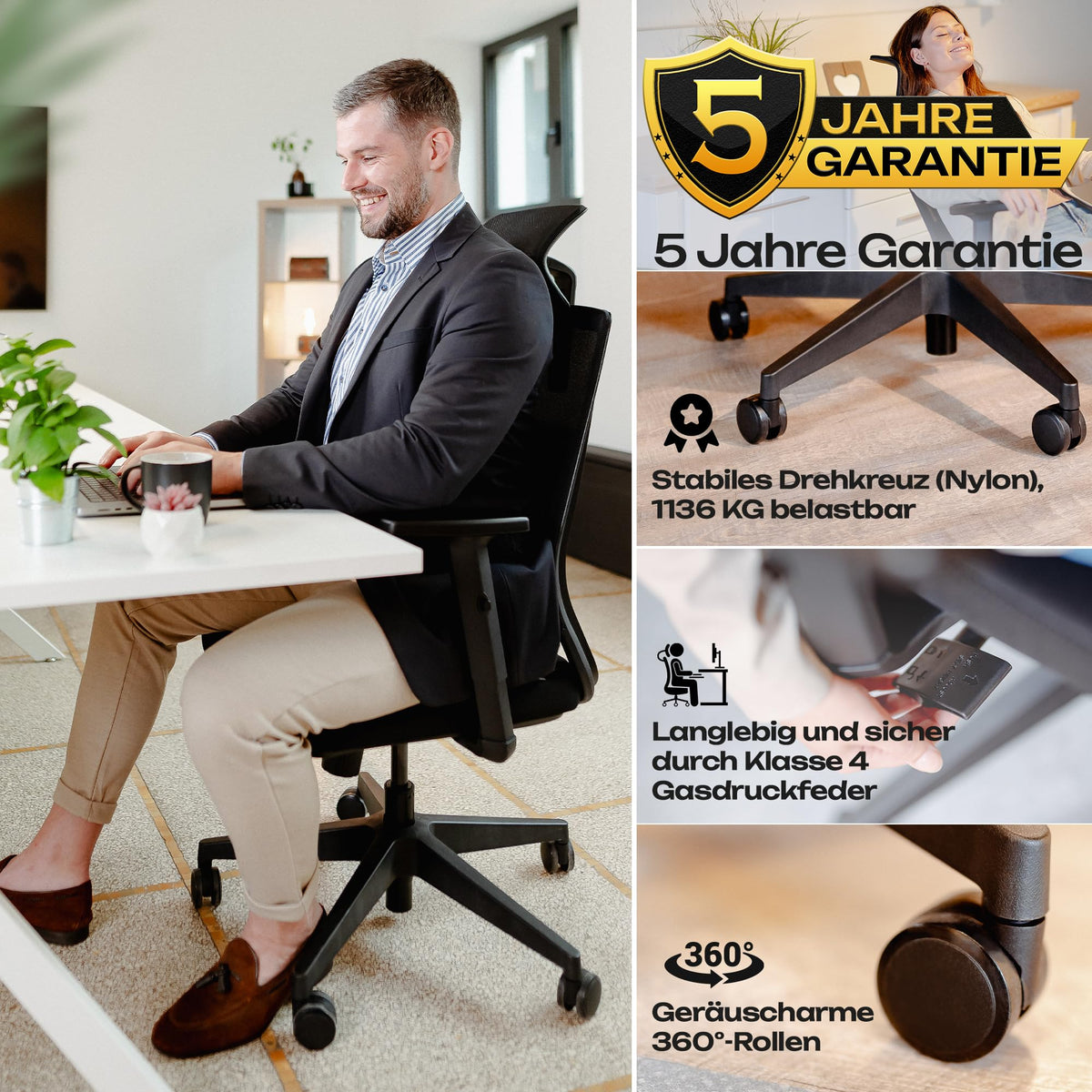 M2 Ergonomic Office Chair, Test Winner with Adjustable Armrest without Headrest for Maximum Freedom of Movement, Back-Friendly, Comfortable Desk Chair for Office and Home Office Chair