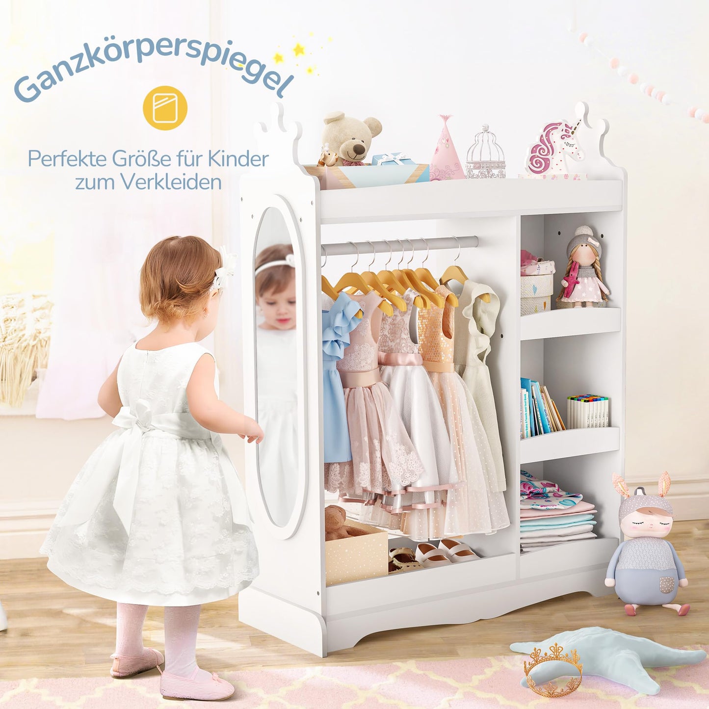 LUE BONA Children's Wardrobe with Mirror and Clothes Rail, Children's Coat Rack with 3 Hooks and 3 Open Shelves, Children's Wooden Wardrobe for Children's Room, 85 x 34 x 112 cm, White