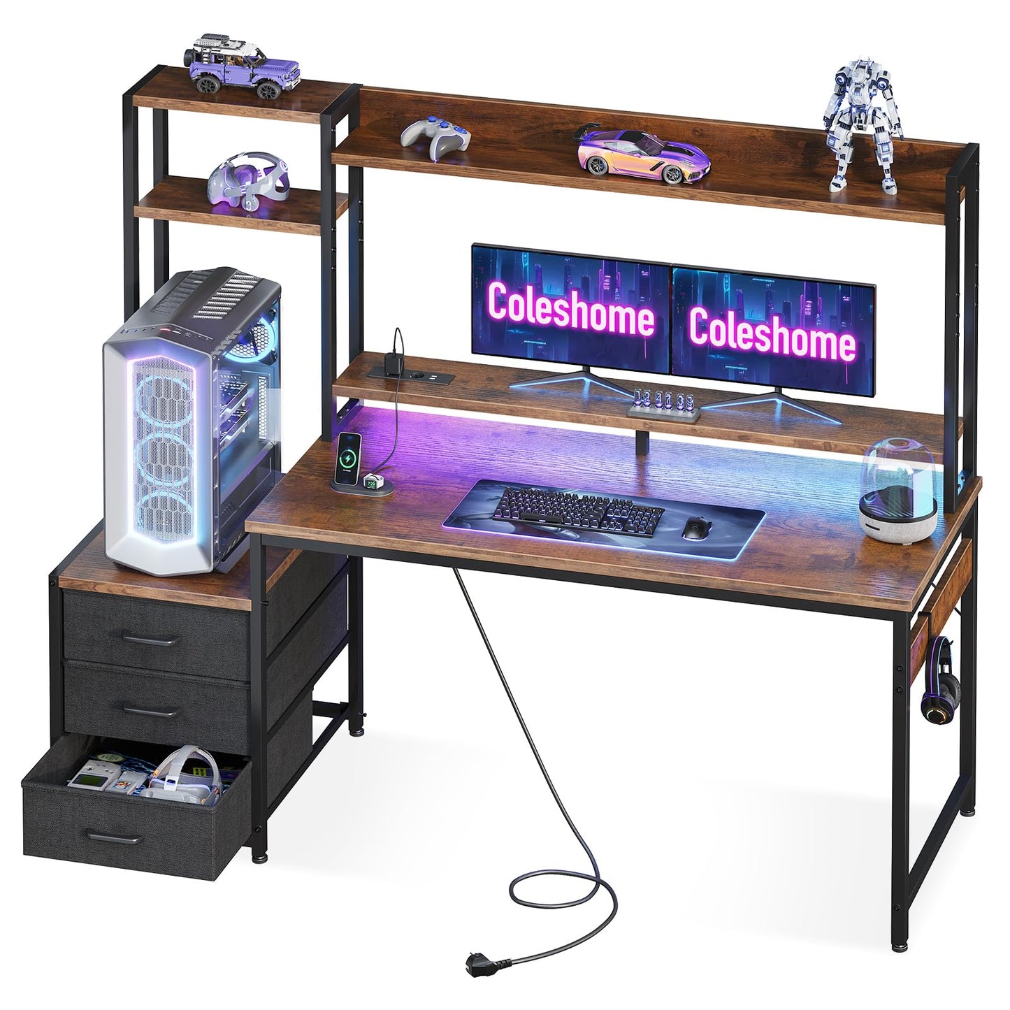 Coleshome Gaming Table with Shelf and Drawers, 137 x 48 cm Gaming Desk with LED Lighting and Socket, Computer Desk with Shelves and Monitor Stand, Carbon Fibre Black