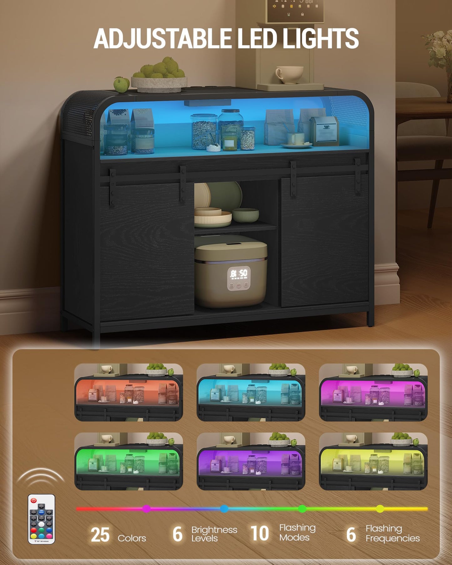 Hzuaneri SC00103WEU Kitchen Cabinet with LED Lighting, Sideboard with Power Strip, Storage Cabinet with 2 Sliding Doors, Adjustable Dividers, Kitchen, Dining Room, 35 x 100 x 80 cm, White