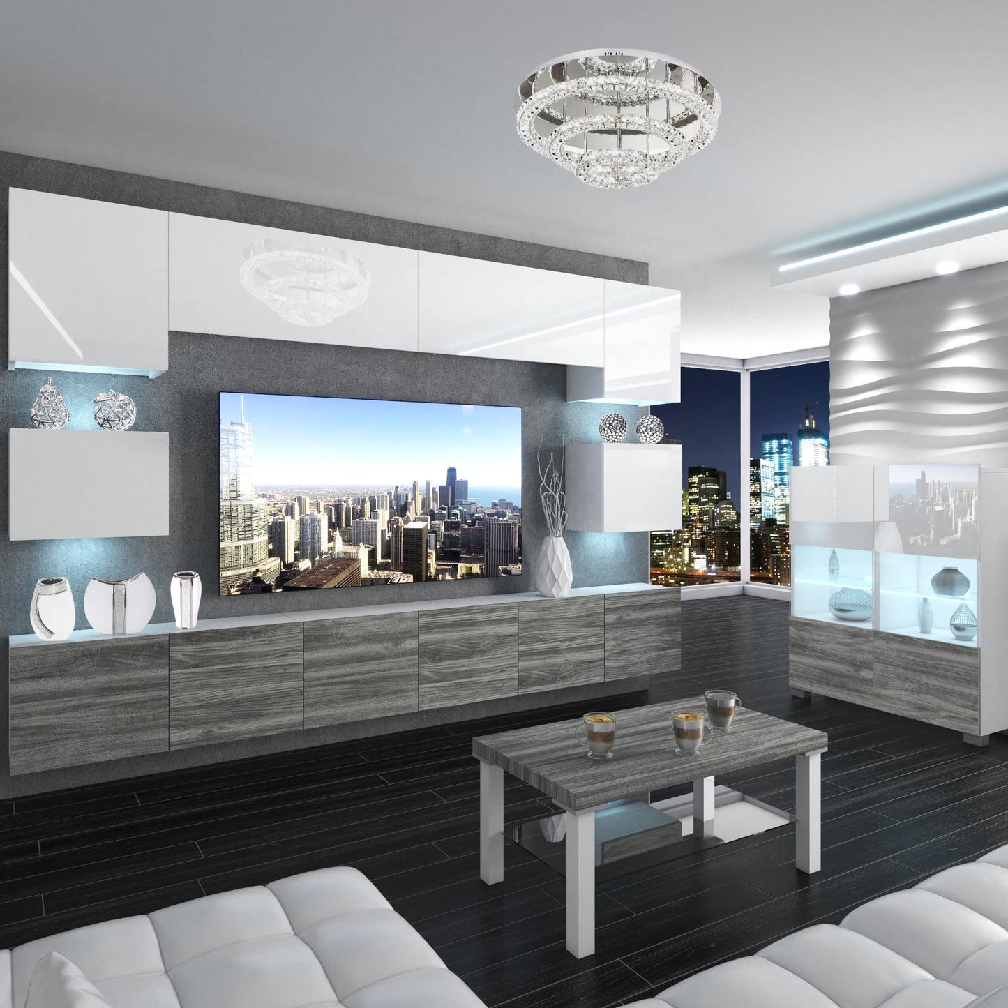 BELINI Living Room Wall Unit Full Equipment Living Room Set Modern Cabinet Wall with LED Lighting TV Cabinet White