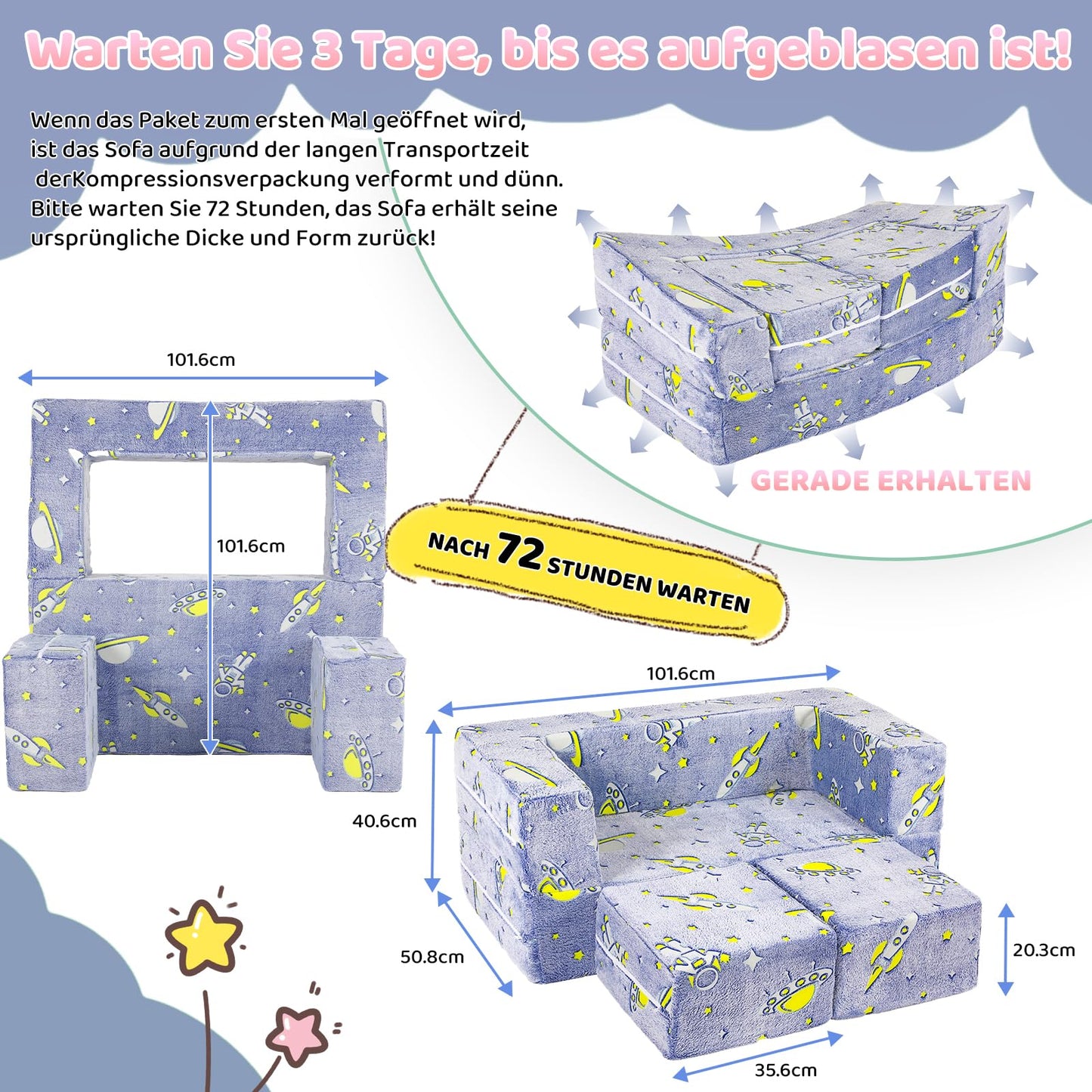 Children's Sofa Fold-Out 2-in-1 Toddler Sofa Bed, Children's Chair with Sleep Function, Mini Couch for Cuddly Corner Children's Room, Fancy Play Sofa for Girls and Boys, Glow in the Dark (Purple)