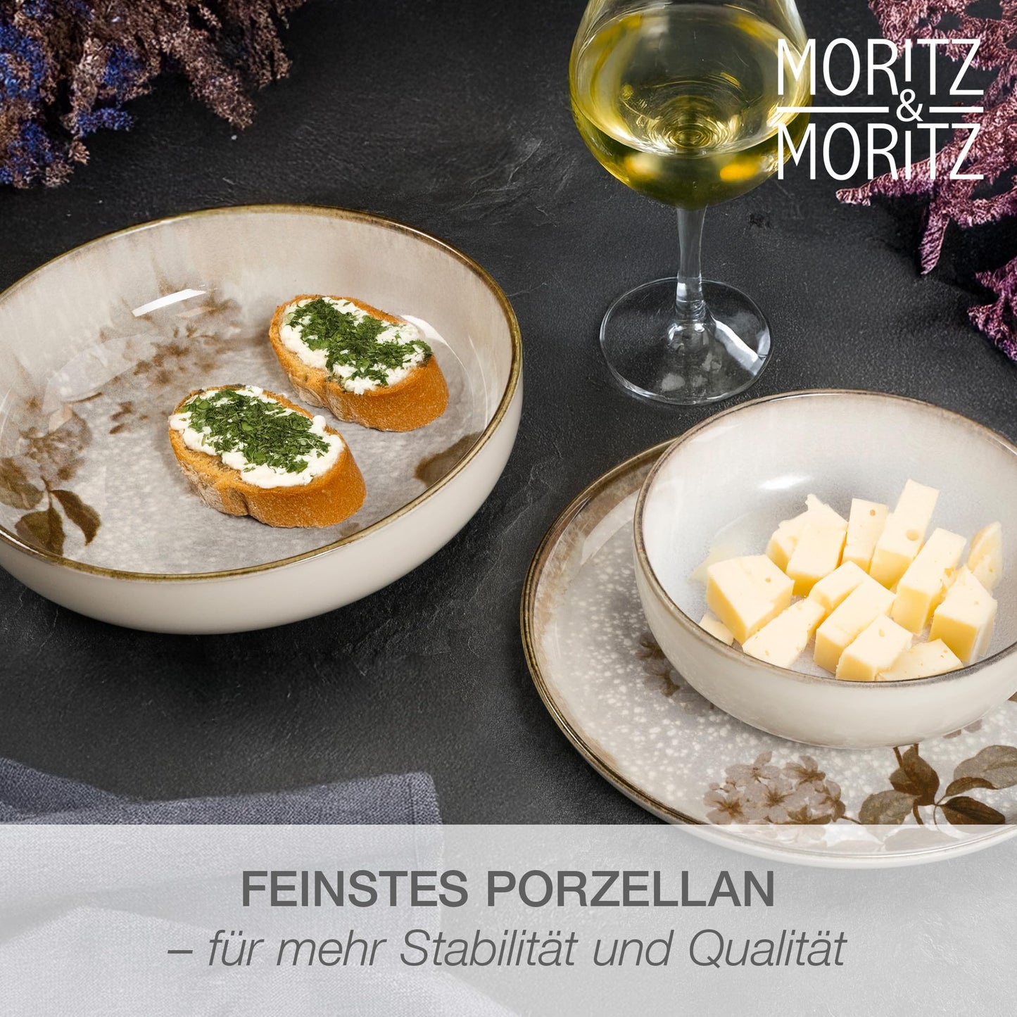 Moritz & Moritz BLOSSOM 18-Piece Crockery Set for 6 People, Elegant Plate Set Made of High-Quality Porcelain with Floral Design, Crockery Set of 6 x Dinner Plates, 6 x Dessert Plates, 6 x Soup Plates