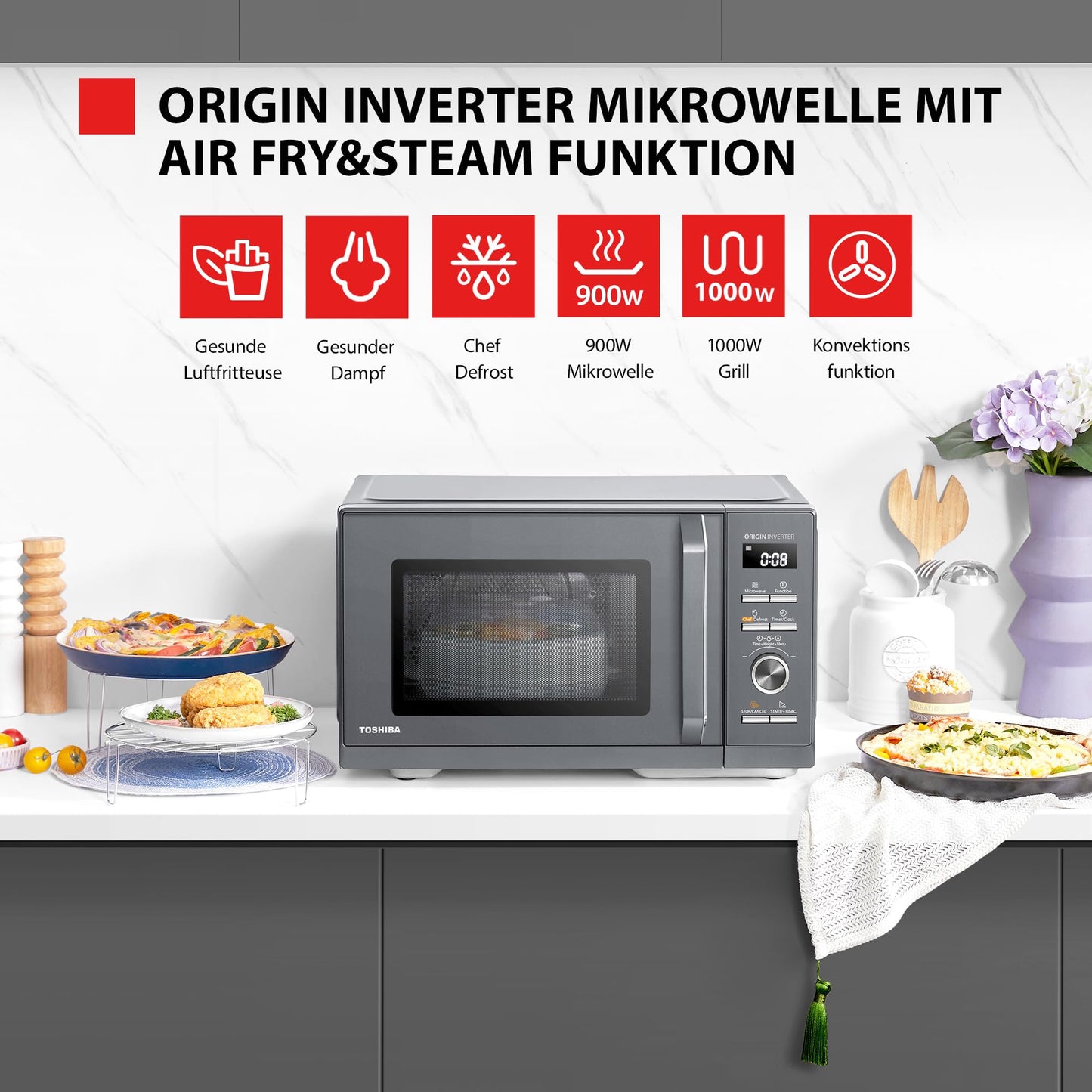 Toshiba MW3-AG20PE(BK) Mikrowellen mit Grill 20L 3-in-1 Mikrowellenherd, Chef-Abtauung, Mikrowelle, Grill, Kombi, 5 Leistungsstufen, 8 Automatikprogrammen, Einfacher Reinigung, Schwarz