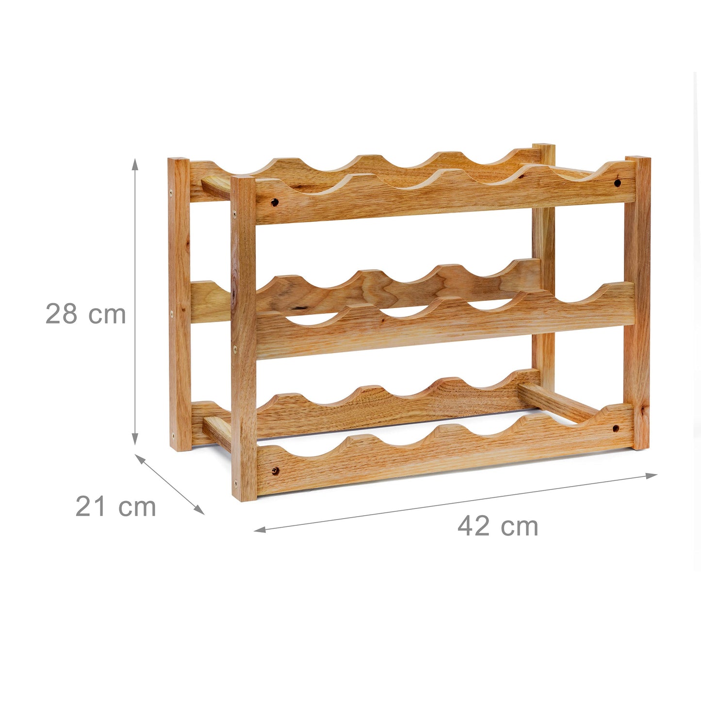 Relaxdays Free Rack: 28 x 42.5 x 21 cm Wooden Stand with Three Shelves for 12, Small Wine Bottle Holder Made Out of Oiled Walnut for Horizontal Storage, Wood, Natural Brown, 42 x 21 x 28 cm