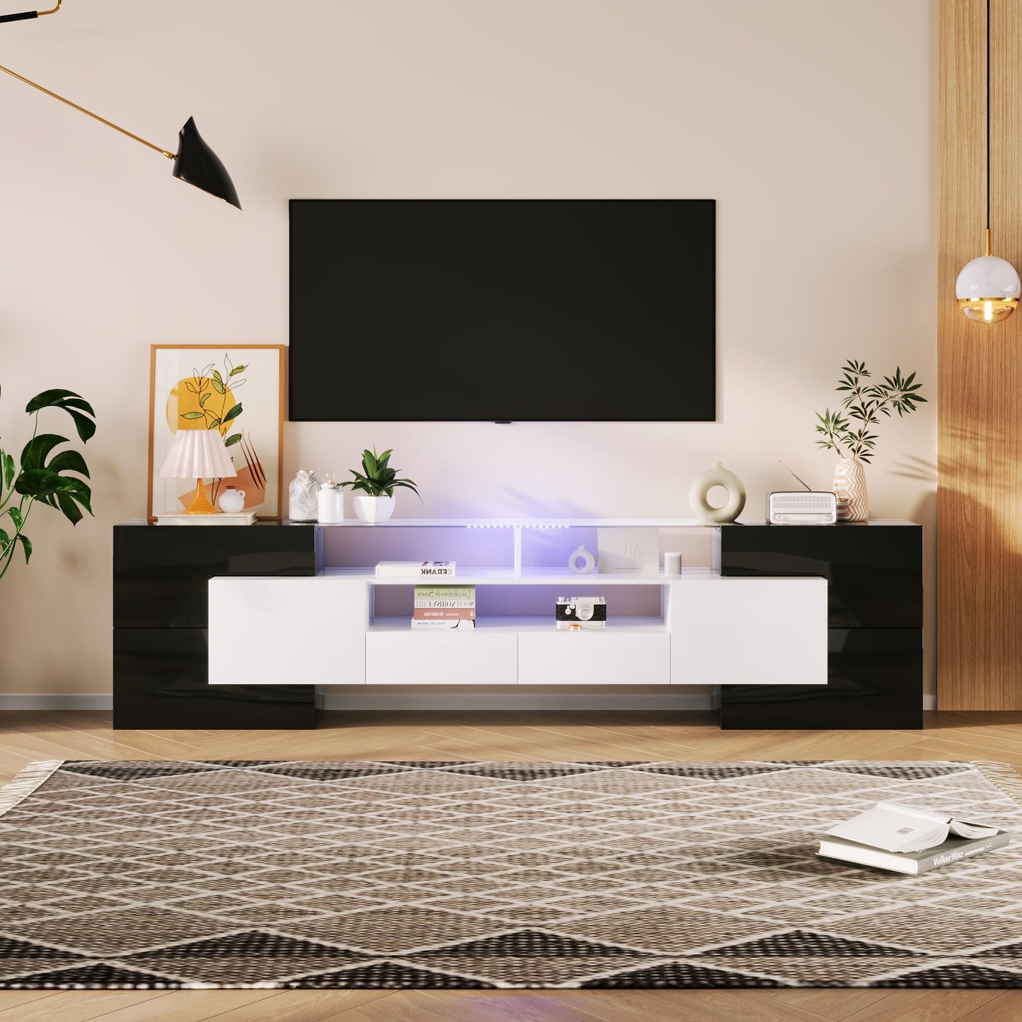 LANTRO JS TV Cabinet 200 cm Long with Elegant Glass Surface, TV Lowboard in Marble Look, TV Cabinet with LED Lighting, White and Black