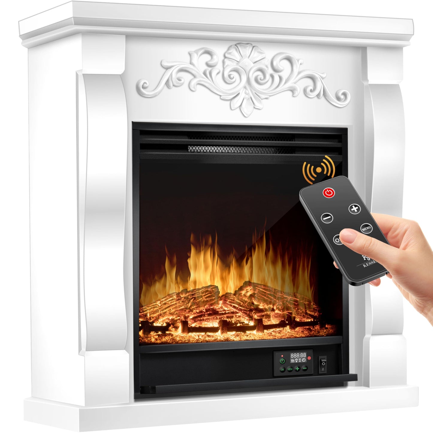 KESSER® Electric Fireplace with LED 3D Flame Effect, Heating Function, 1,800 W Power, Timer, Thermostat, Remote Control, Dimmable, Natural/Brown