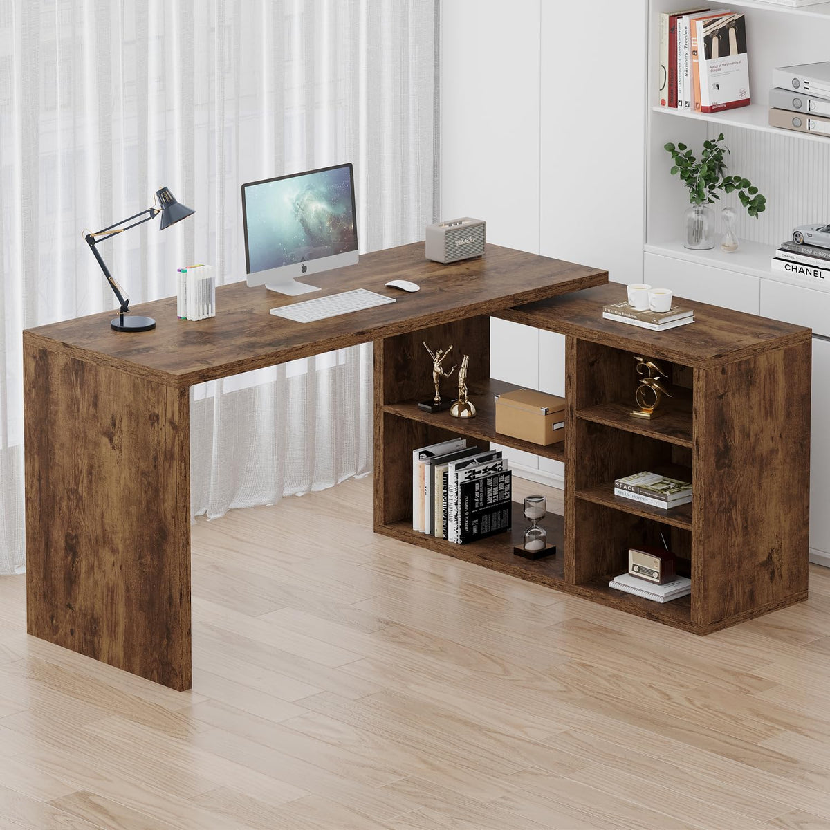 HSH Desk L Shape with Storage Space Corner Desk for Home Office Industrial Computer Desk Office Table Wood Design PC Table for Office Study Vintage Grey 140 cm