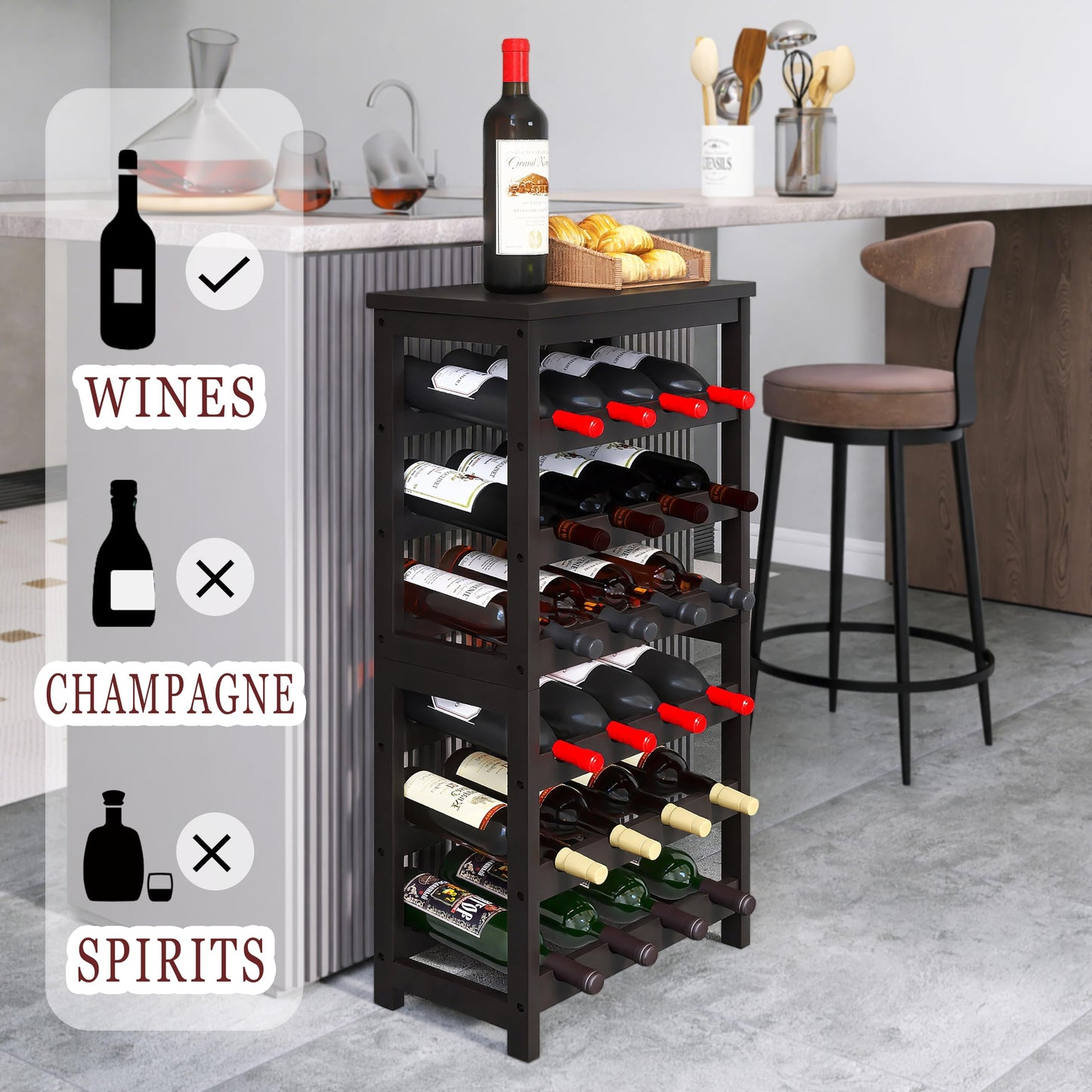 24 Bottle Wine Rack Freestanding Base, 6 Tier Wine Display Storage Shelves with Table Top, Bamboo Wine Bottle Holder Stand with Wave Bars for Kitchen, Dining Room, Pantry, Black