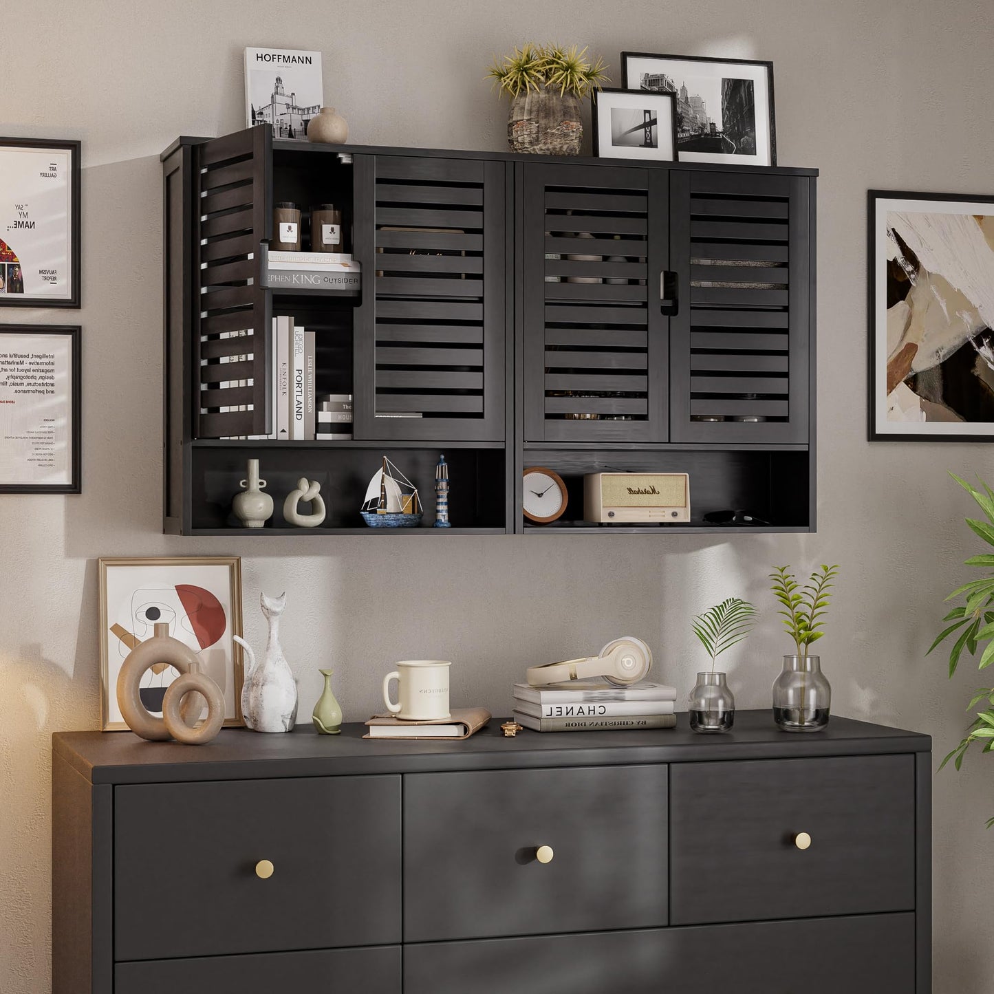 SMIBUY Bathroom Cabinet, Wall Mounted, Bamboo Over the Toilet Storage Organiser, Space Saving Medicine Cabinet with 2 Doors and Adjustable Shelves (Black)