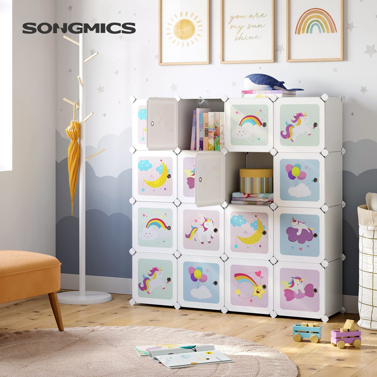 SONGMICS 16 Cube Shelving System, Storage Cabinet for Kids, Wardrobe with Doors, Plastic Shoe Rack, Boltless Shelf, Multipurpose, Shoes, Toy, 123 x 31 x 123 cm, White LPC906W01