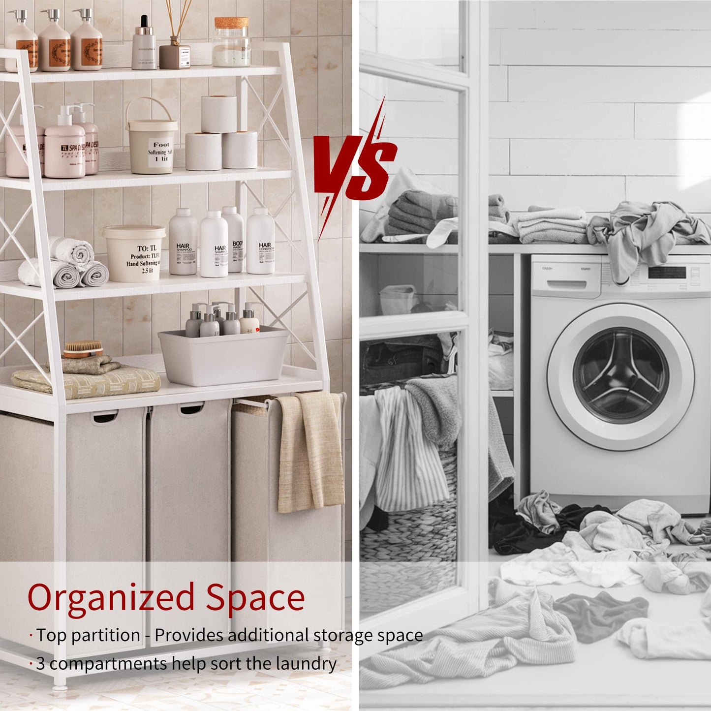 Herture Laundry Basket 3 Compartments Laundry Hamper with 4 Shelves Laundry Basket Removable Laundry Bags Large 3 x 60L for Laundry Room Bathroom Ink Black Vintage Brown PF05XLN