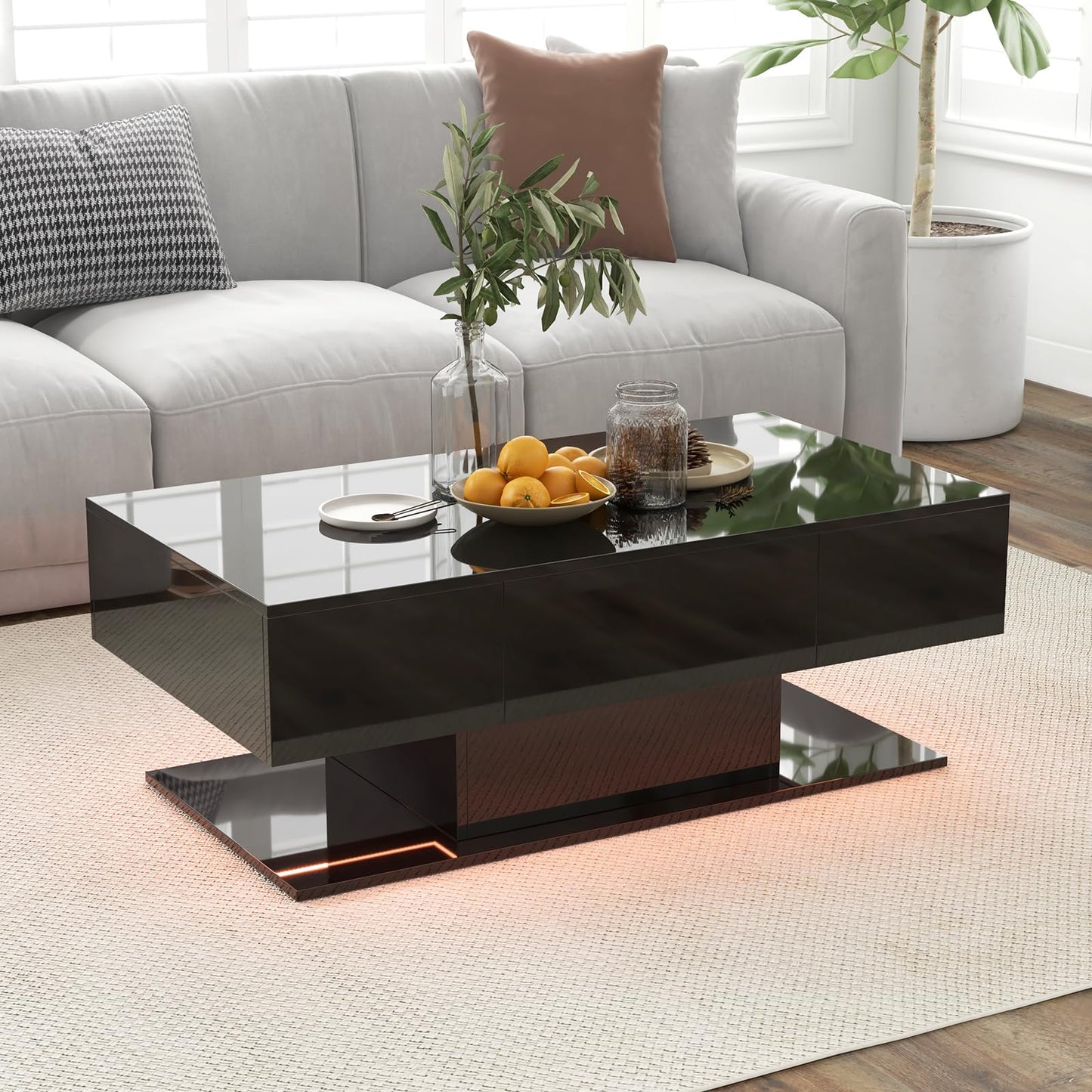 LIFEZEAL Coffee Table LED Lighting, Living Room Table High Gloss with Light Bar and Remote Control, Modern Sofa Table with 2 Drawers, Coffee Table for Living Room, Office (White)