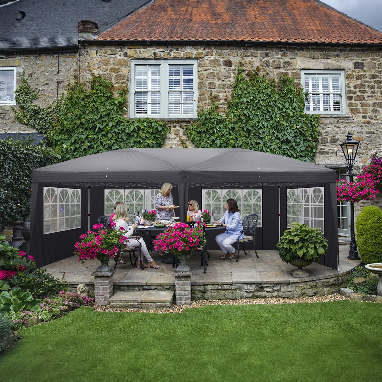 Gazebo 3 x 6 m, Folding Gazebo, Waterproof, Stable, Winterproof, UV Protection 50+, 420D Oxford, Foldable Height Adjustable, Party Tent, Garden Tent, for Garden, Camping, Outdoor, Black, 6