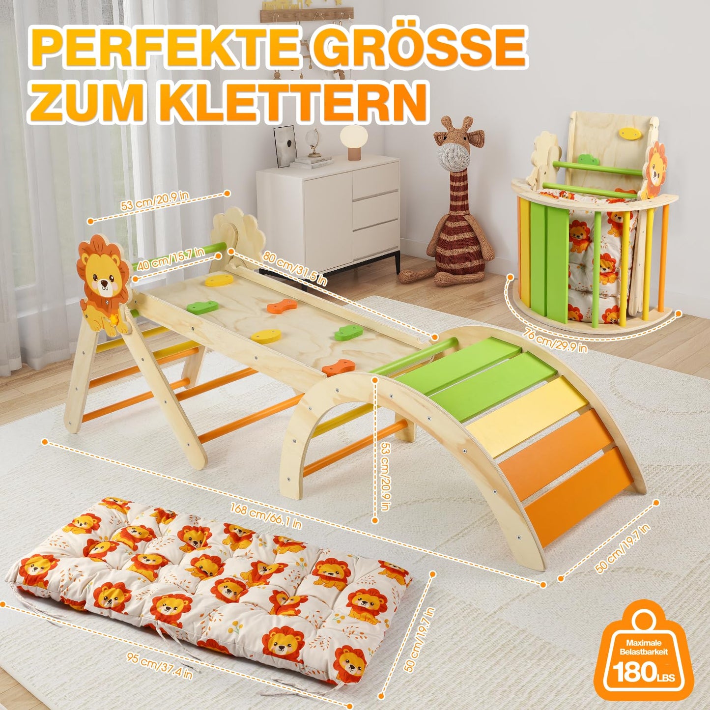 7-in-1 Montessori Kletterdreieck Set mit Rutsche, Kletterbogen & weichem Kissen – Holz Klettergerüst für Babys & Kleinkinder ab 1–3 Jahre, Indoor Spielgerät, faltbar & sicher (Dinosaur)