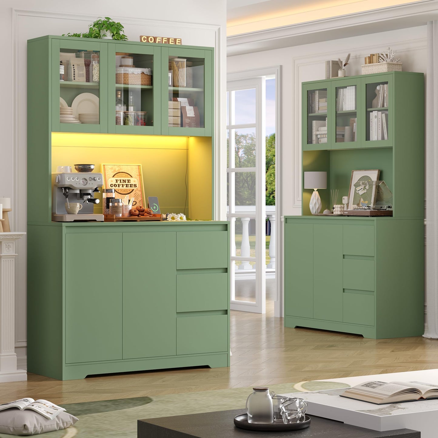 FirFurd Kitchen Cabinet Buffet Cabinet with LED Sideboard for Kitchen with Power Strip Kitchen Cabinet with Worktop and 3 Drawers Kitchen Buffet with Adjustable Shelf 180 x 100 x 38.5 cm (Black)