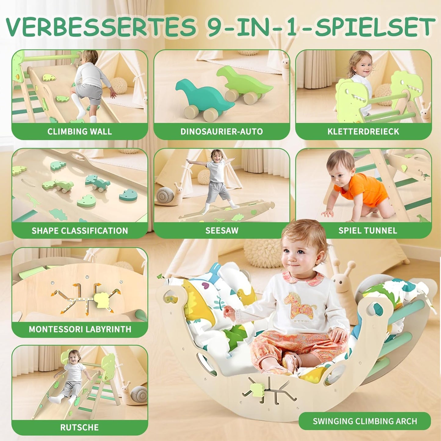 LEWGEE Montessori Indoor Play Set: 9-in-1 Climbing Frame, Indoor Climbing Triangle, Climbing Arch with Cushion, and Slide for Children, Indoor Playground 1-3 Years