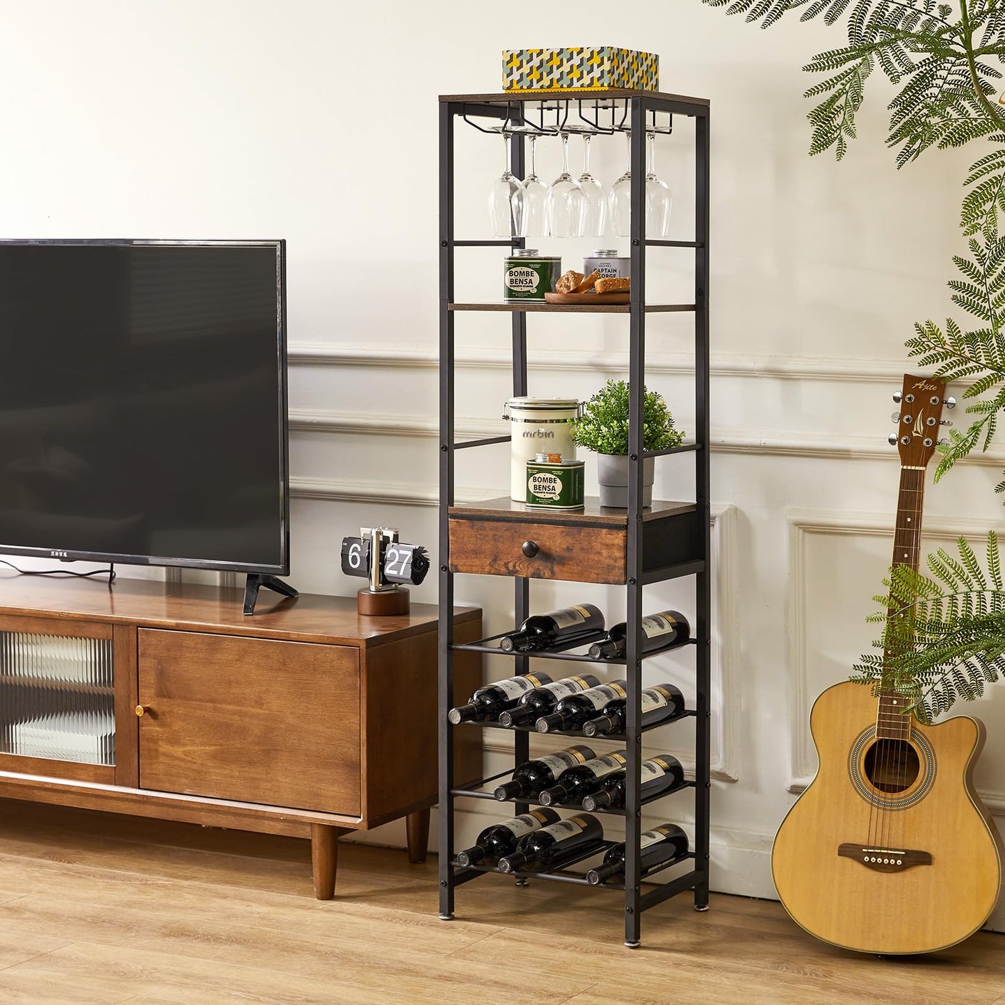 IBUYKE TMJ905H Wine Rack, 4-Layer Freestanding Wine Rack with Glass Holder and Drawer, 16 Bottle Rack, Countertop Wine Rack with Table Top Shelf, for Kitchen, Bar, Dining Room, Vintage Brown