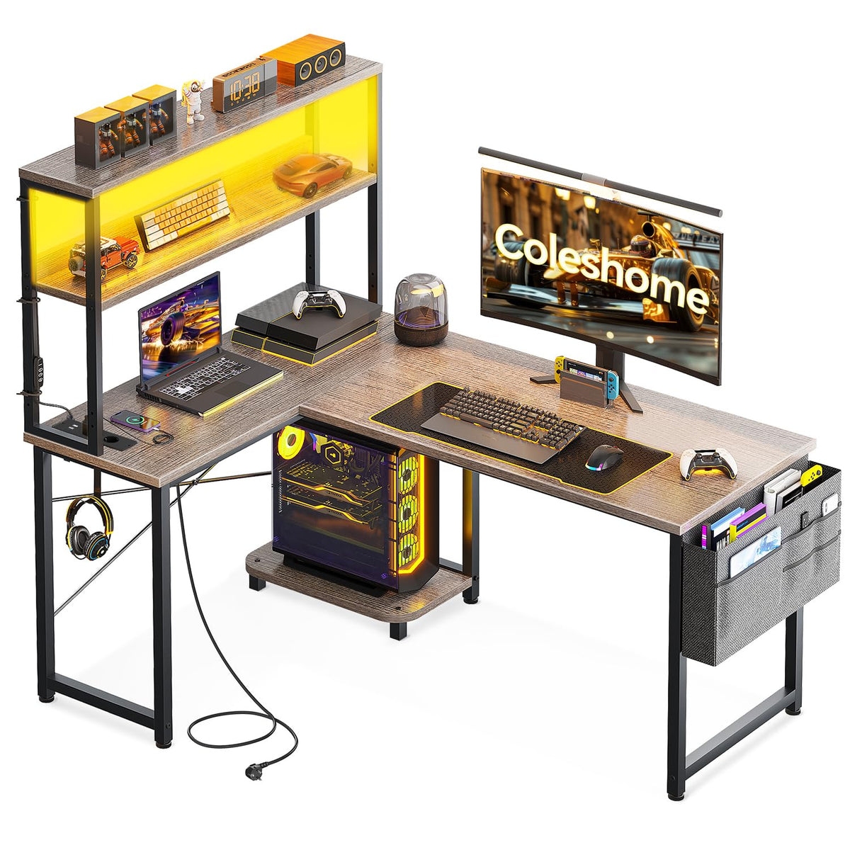 Coleshome Gaming Table L Shape with LED & Sockets, 135 × 100 cm Reversible Gaming Desk with Storage Shelves, Corner Desk with Storage Bag for Home Office and Gaming, Black