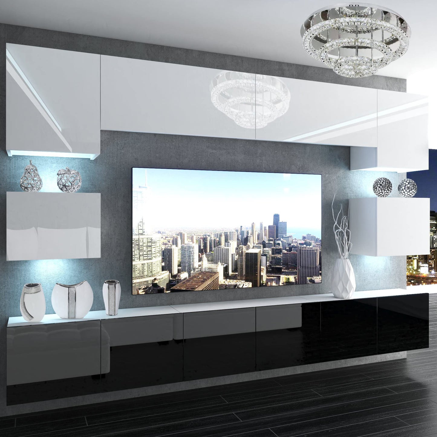 BELINI Living Room Wall Unit Full Equipment Living Room Set Modern Cabinet Wall with LED Lighting TV Cabinet White