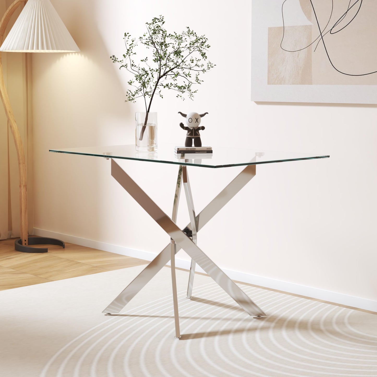 GOLDFAN Glas Esstisch Küchentisch Glastisch Silberne Metalltischbeine Moderner Stil Quadratischen Tisch für Büro Küche 110cm