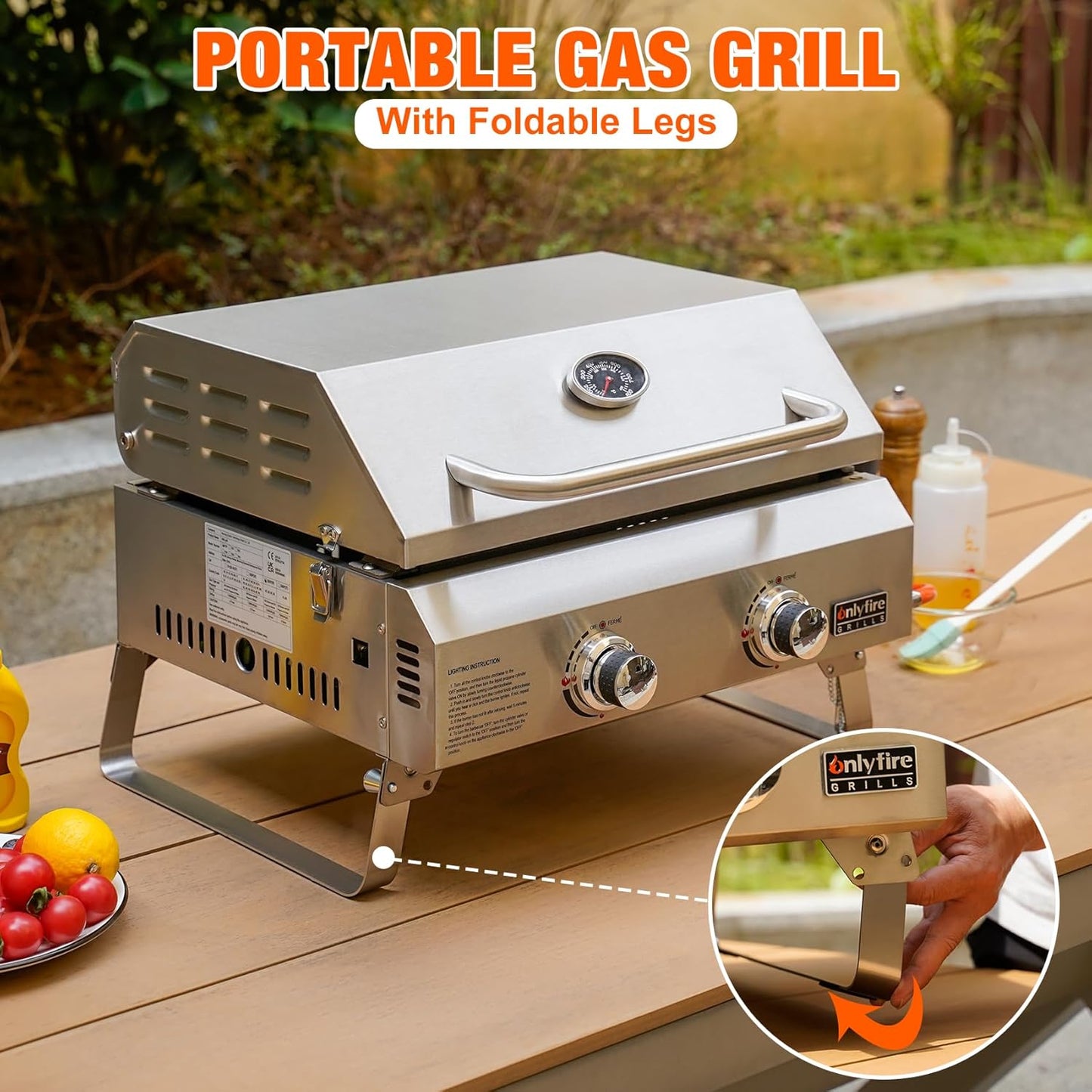 Onlyfire 2-Burner Gas Barbecue Small Stainless Steel 4.7 kW with Foldable Trolley, Side Shelves and Grill Grate, Garden Grill, Outdoor Gas Grill for Balcony Camping